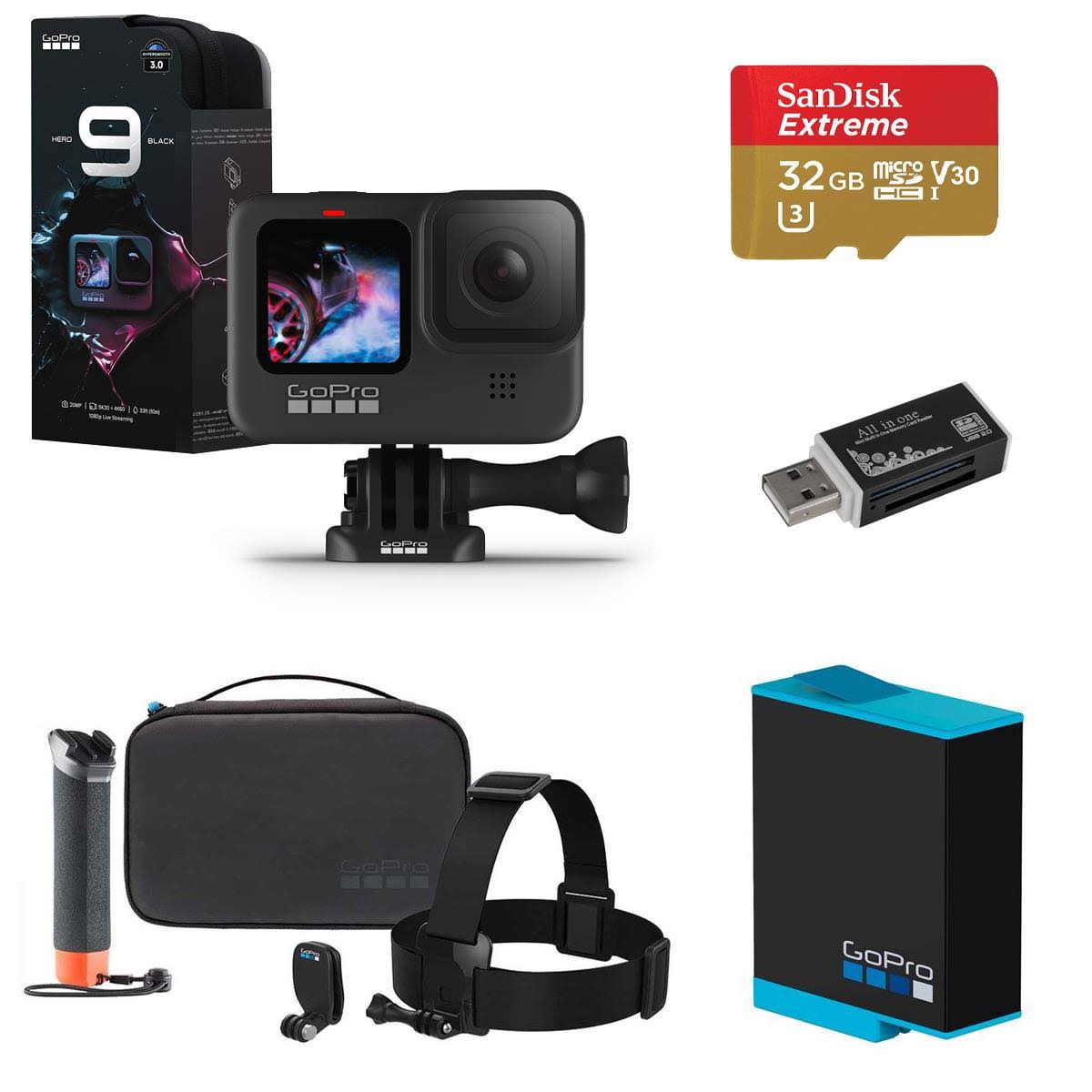 GoPro HERO9 Black, Sports and Action Camera, 5K/4K Video, Deluxe Bundle with Adventure Kit, Extra battery, 32GB microSD Card, Ca