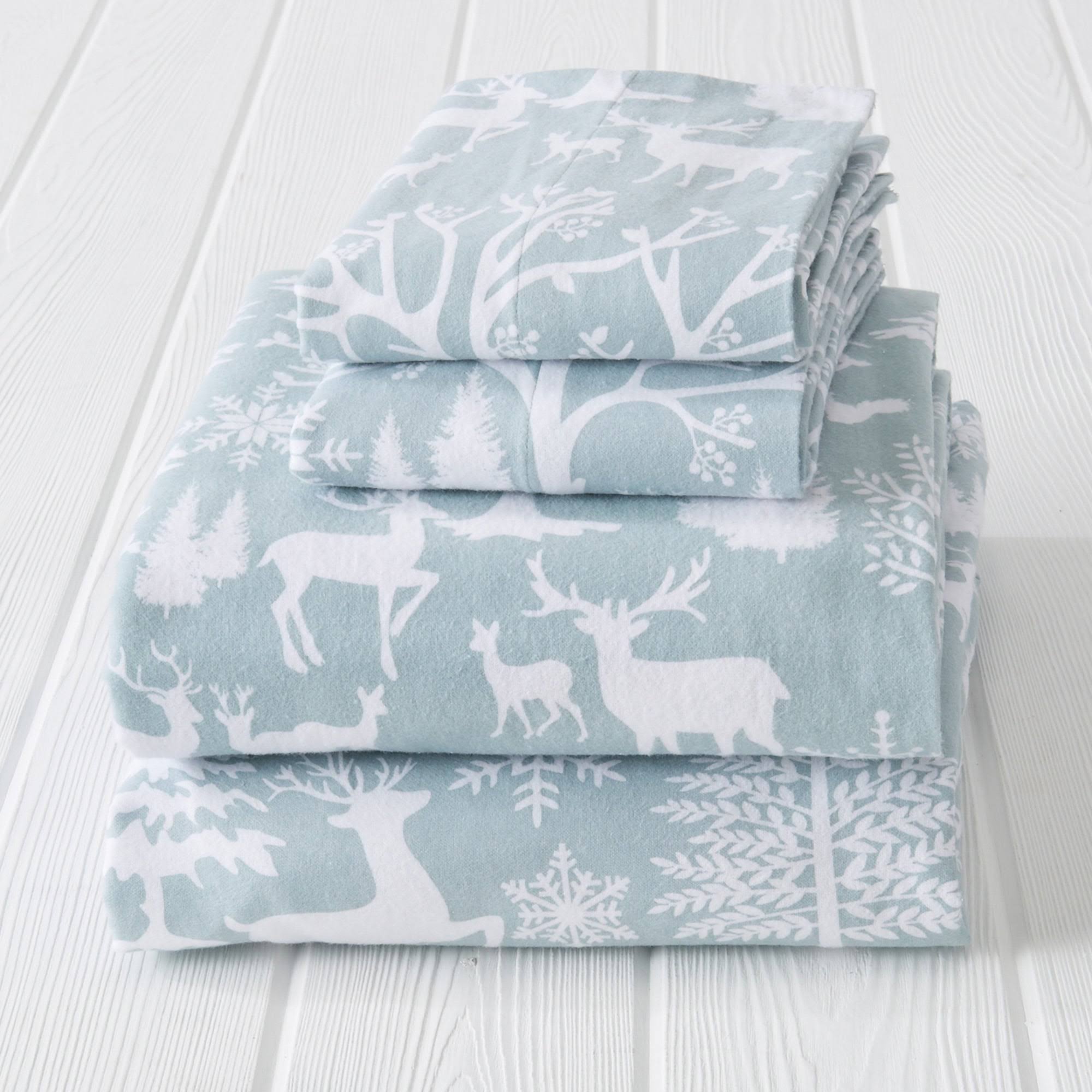 Great Bay Home Extra Soft 100% Cotton Printed Flannel Sheet Set Full Enchanted Woods Blue