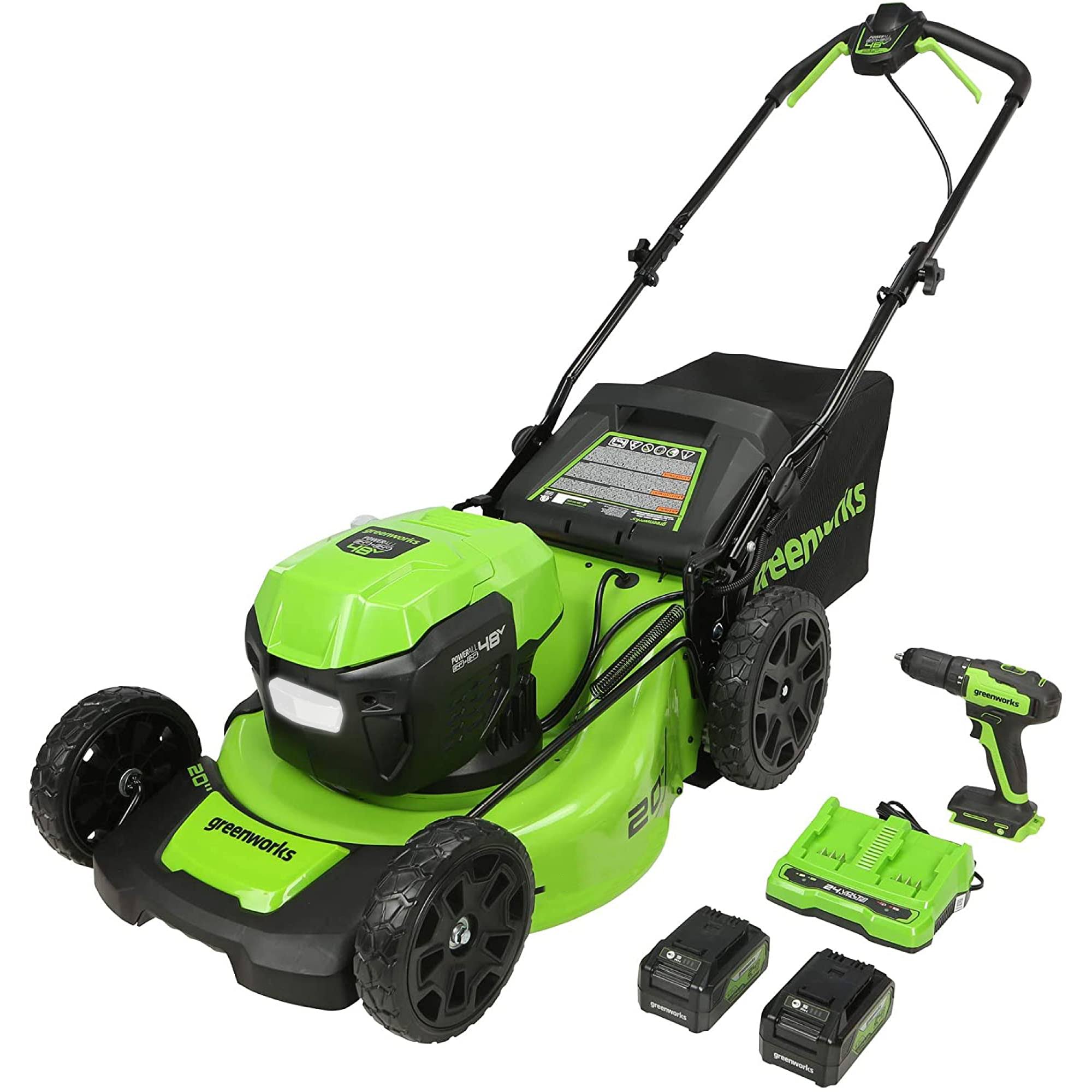 Greenworks - 20x22 48-Volt (24V x 2) Cordless Brushless Lawn Mower with Drill/Driver (2 x 4.0Ah USB Batteries and Charger Includ