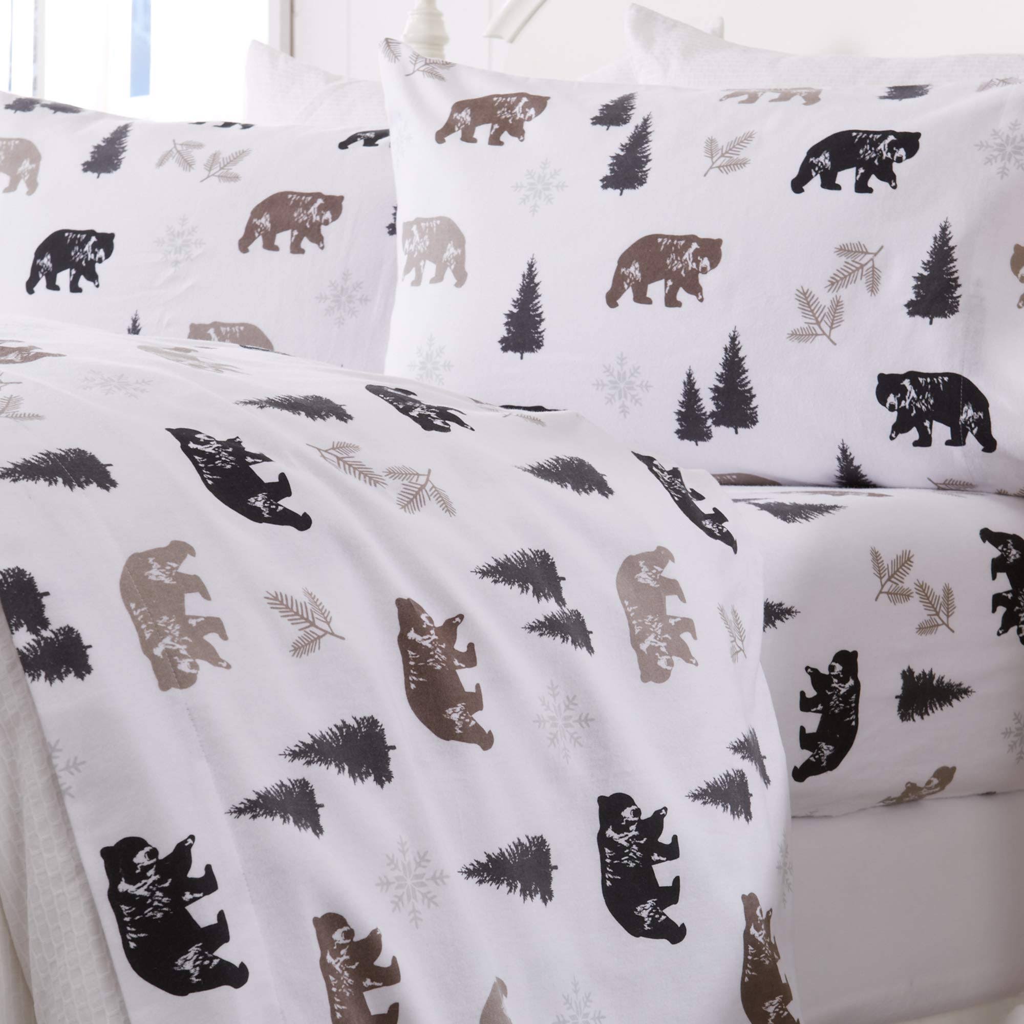 Great Bay Home 100% Cotton Flannel Lodge Printed Sheet Set Twin Extra Long Rustic Bear