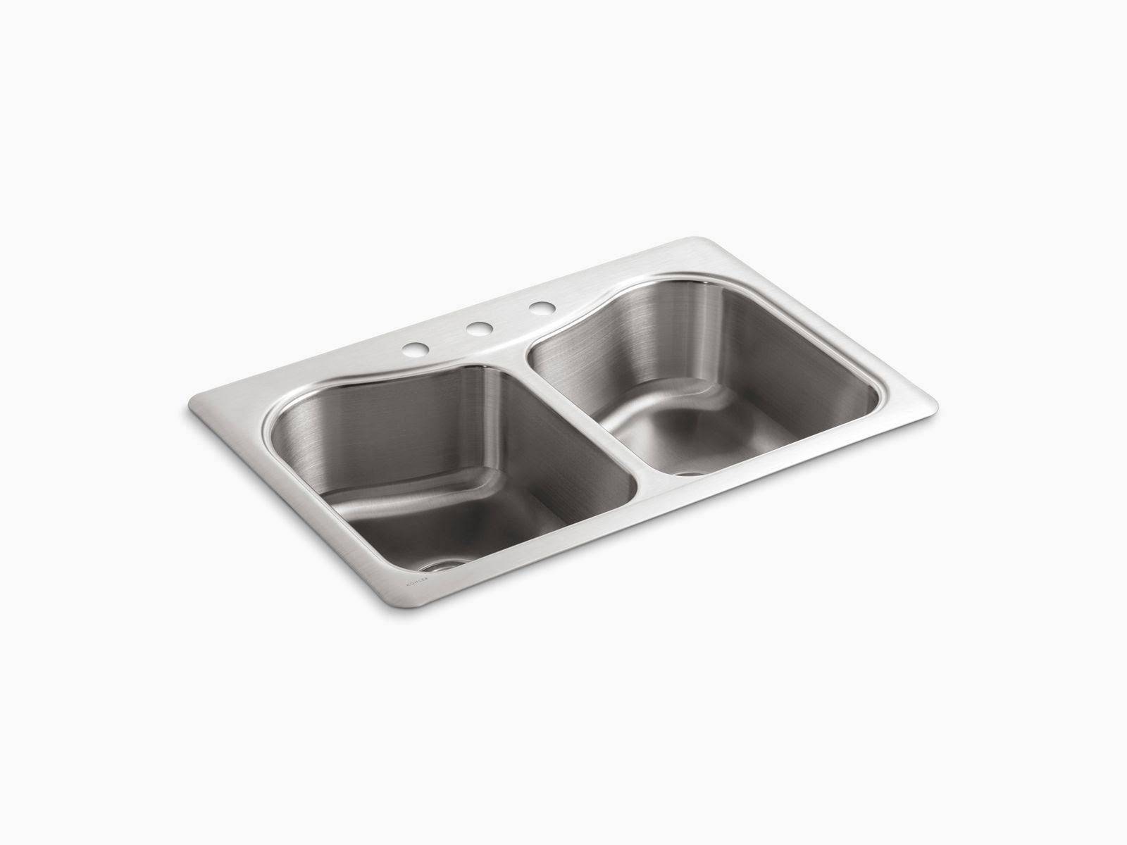 Kohler 3369-3-NA Staccato 33x22 x 22x22 x 8-5/16x22 Top-Mount double-equal Bowl Kitchen Sink with 3 Faucet Holes
