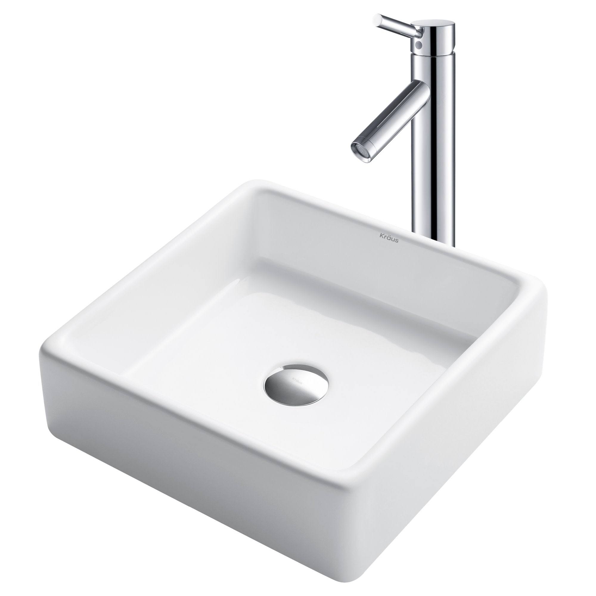 Kraus C-KCV-120-1002CH Square Ceramic Vessel Sink with Sheven Faucet White - Chrome