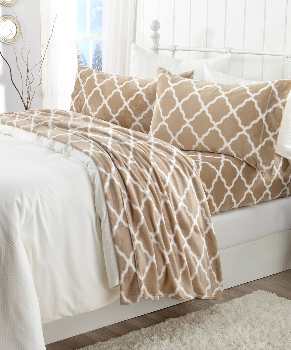 Great Bay Home Extra Soft Cozy Velvet Plush Printed Queen Sheet Set - Beige