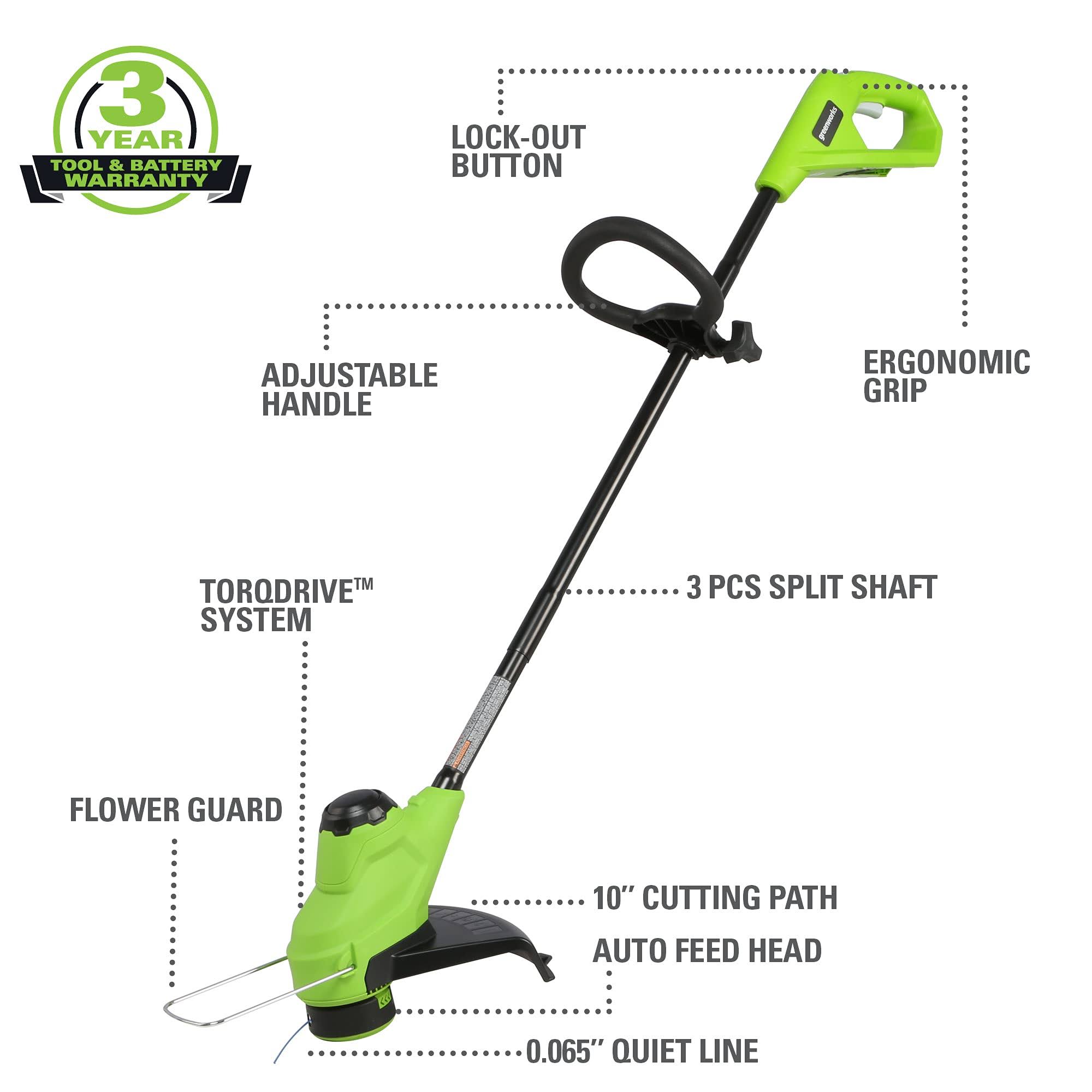Greenworks 24V 10 inch TorqDrive String Trimmer, 2Ah USB Battery and Charger Included ST24B213