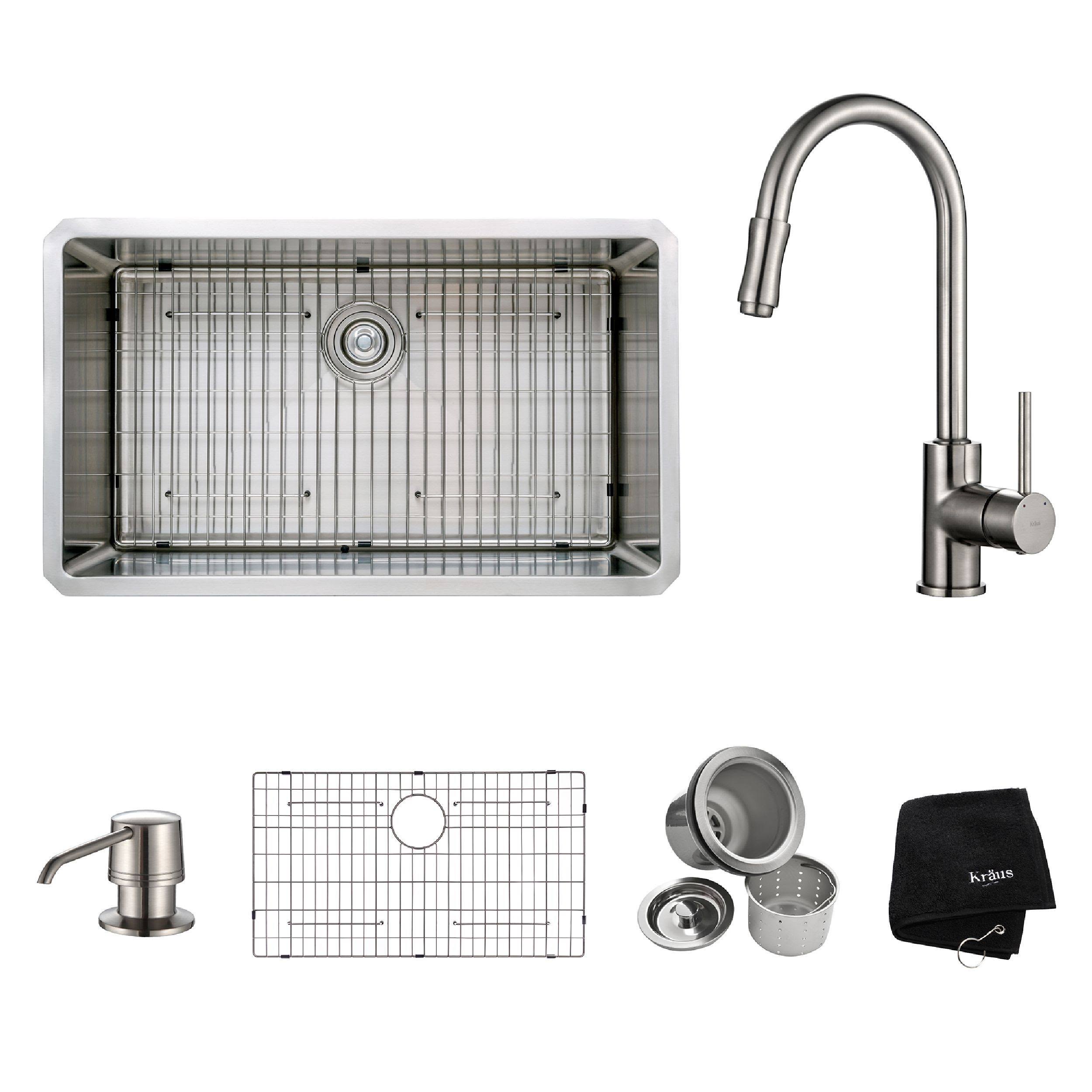 Kraus KHU100-32-KPF1622-KSD30SN 32 inch Undermount Single Bowl Stainless Steel Kitchen Sink with Satin Nickel Kitchen Faucet and