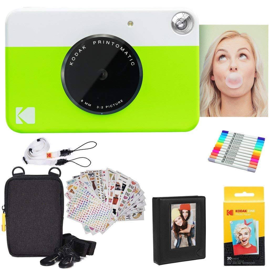 Kodak Printomatic Instant Camera (Green) Gift Bundle + Zink Paper (20 Sheets)