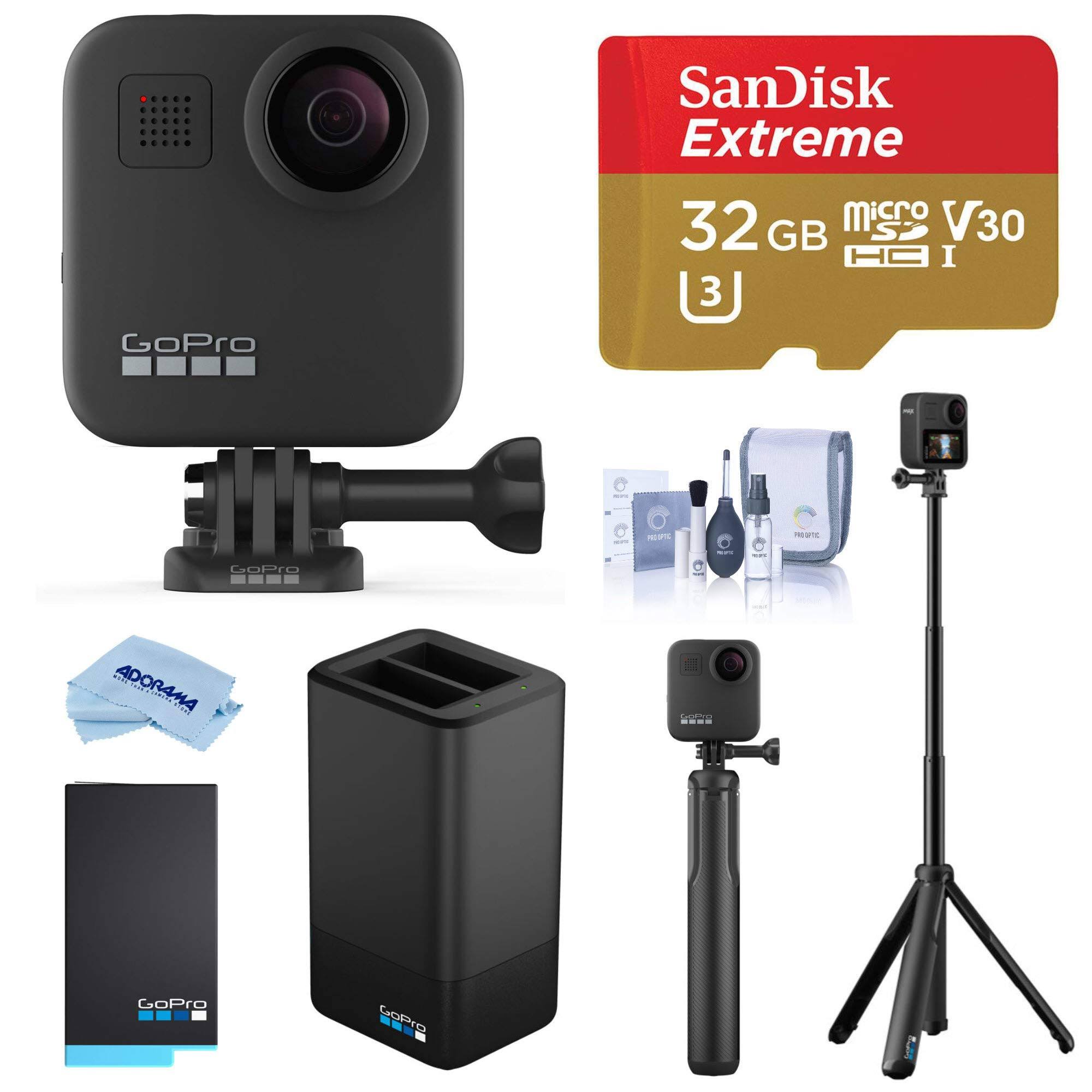 GoPro Max Waterproof 360 Camera with Touch Screen, 5.6K30 Video 16.6MP Photos Pro Bundle with Grip + Tripod, Dual Charger, batte