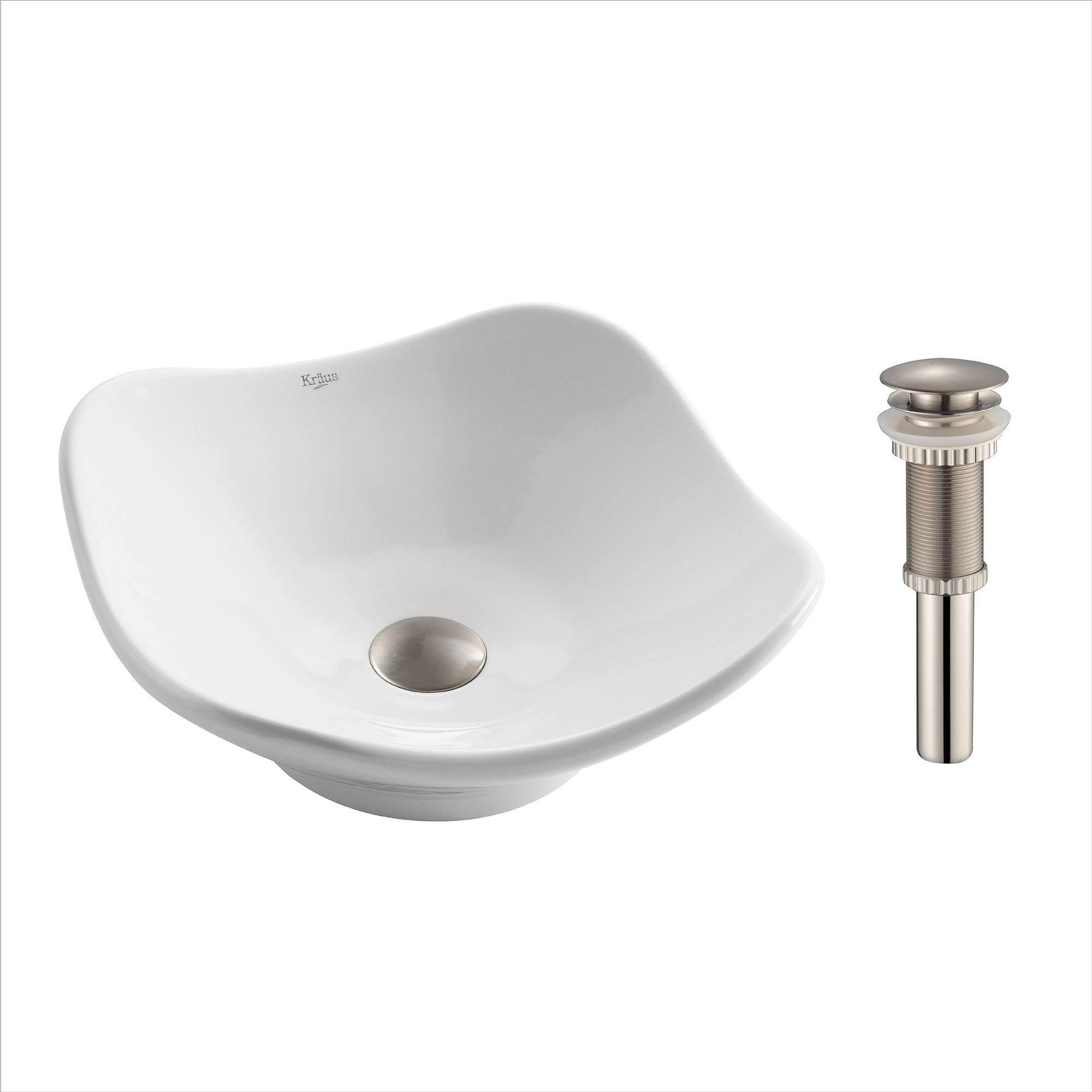 Kraus KCV-135-SN Tulip Ceramic Vessel Bathroom Sink with Pop-Up Drain White - Satin Nickel