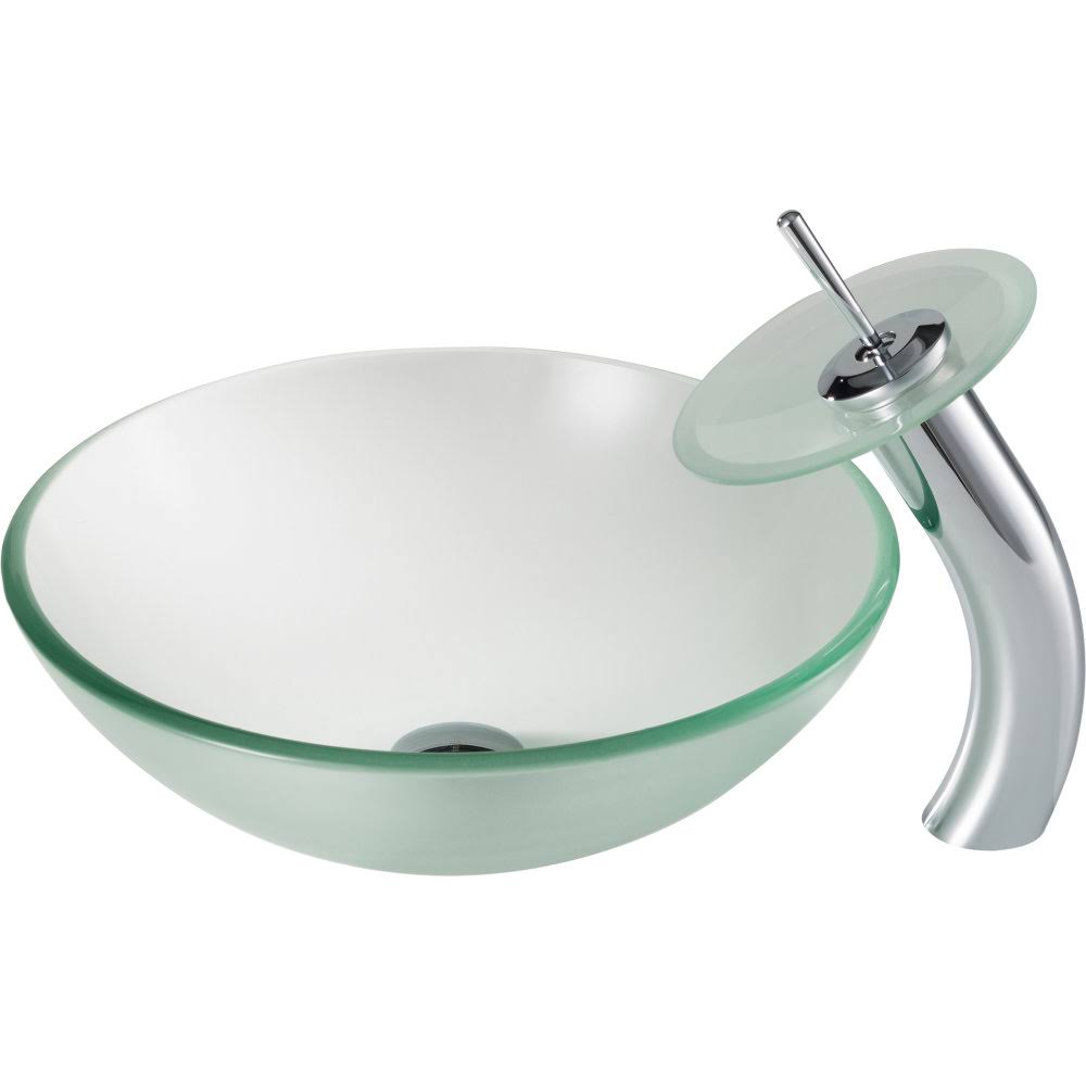 Kraus C-GV-101FR-12mm-10G Frosted Glass Vessel Sink and Waterfall Faucet Gold