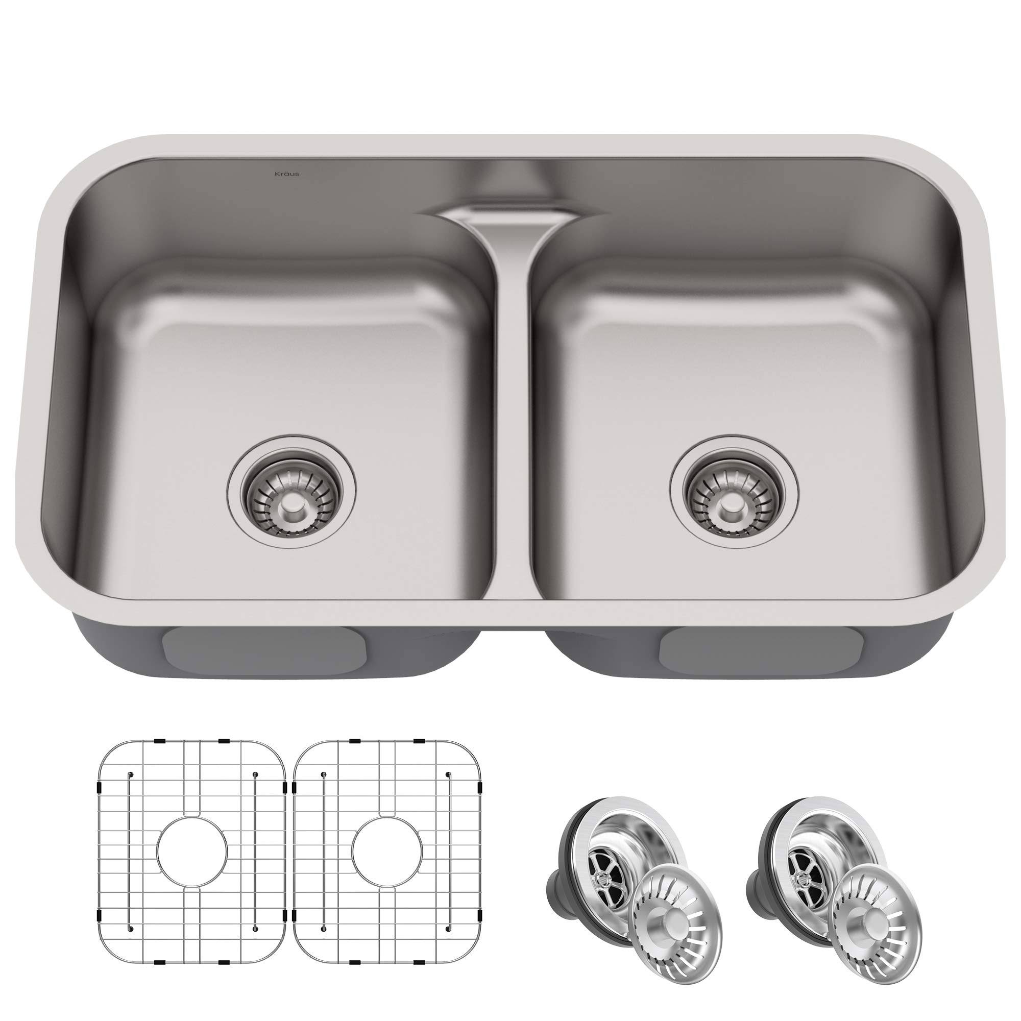 Kraus KBU32 Premier 32-Inch 16 Gauge Undermount 50/50 Double Bowl Stainless Steel Kitchen Sink