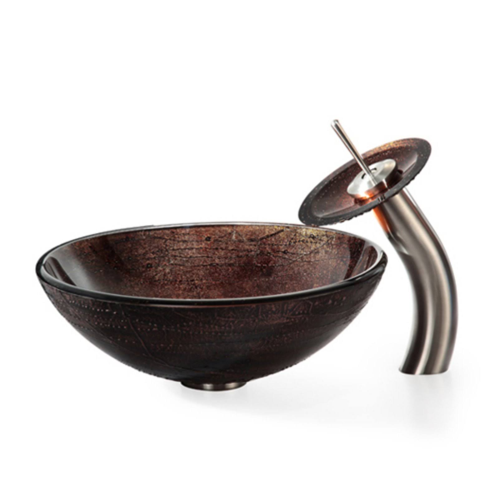 Kraus C-GV-580-12mm-10SN Copper Illusion Glass Vessel Sink and Waterfall Faucet Satin Nickel