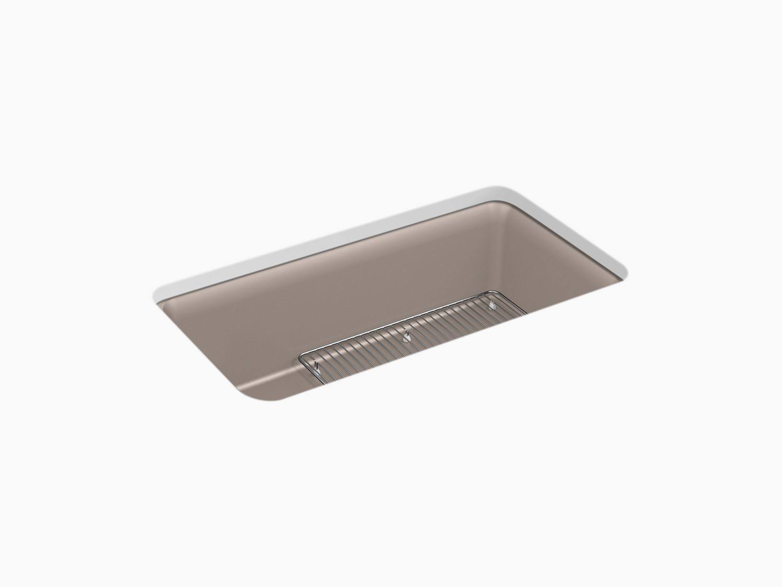 Kohler K-8206 Cairn 33-1/2x22 x 18-5/16x22 x 10-1/8x22 Neoroc Undermount Single-Bowl Kitchen Sink with Rack Matte Taupe