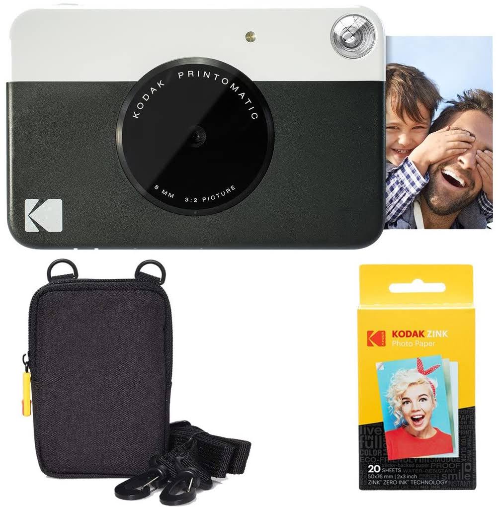 Kodak Printomatic Instant Camera Black Basic Bundle + Zink Paper 20 Sheets + Deluxe Case + Comfortable Neck Strap
