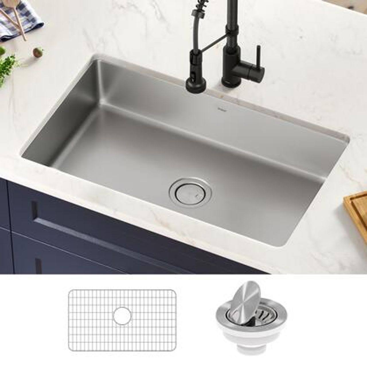 Kraus KA1US32B 32 in. 16 Gauge Dex Undermount Antibacterial Stainless Steel Single Bowl Kitchen Sink