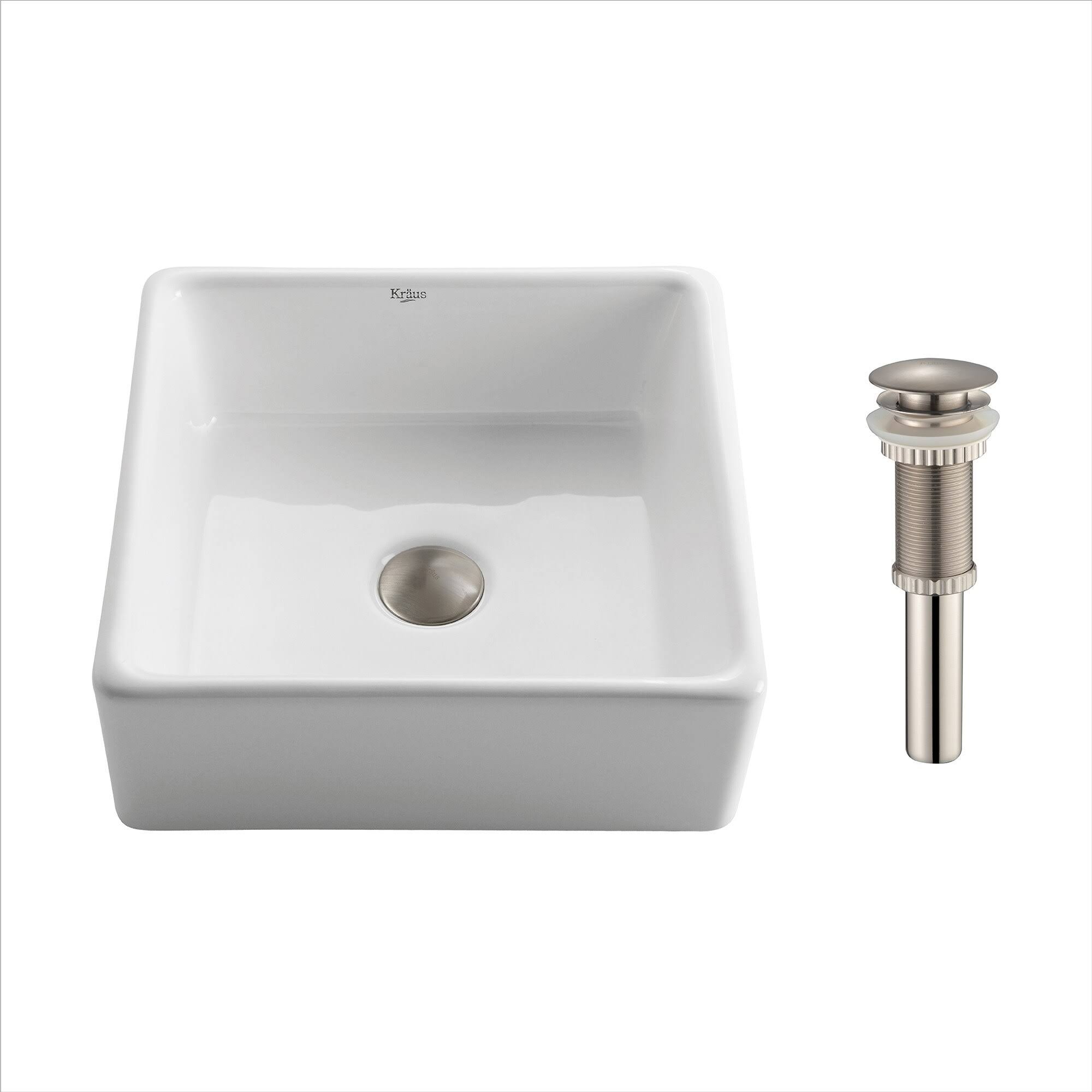 Kraus KCV-120-SN Square Ceramic Vessel Bathroom Sink with Pop-Up Drain White - Satin Nickel