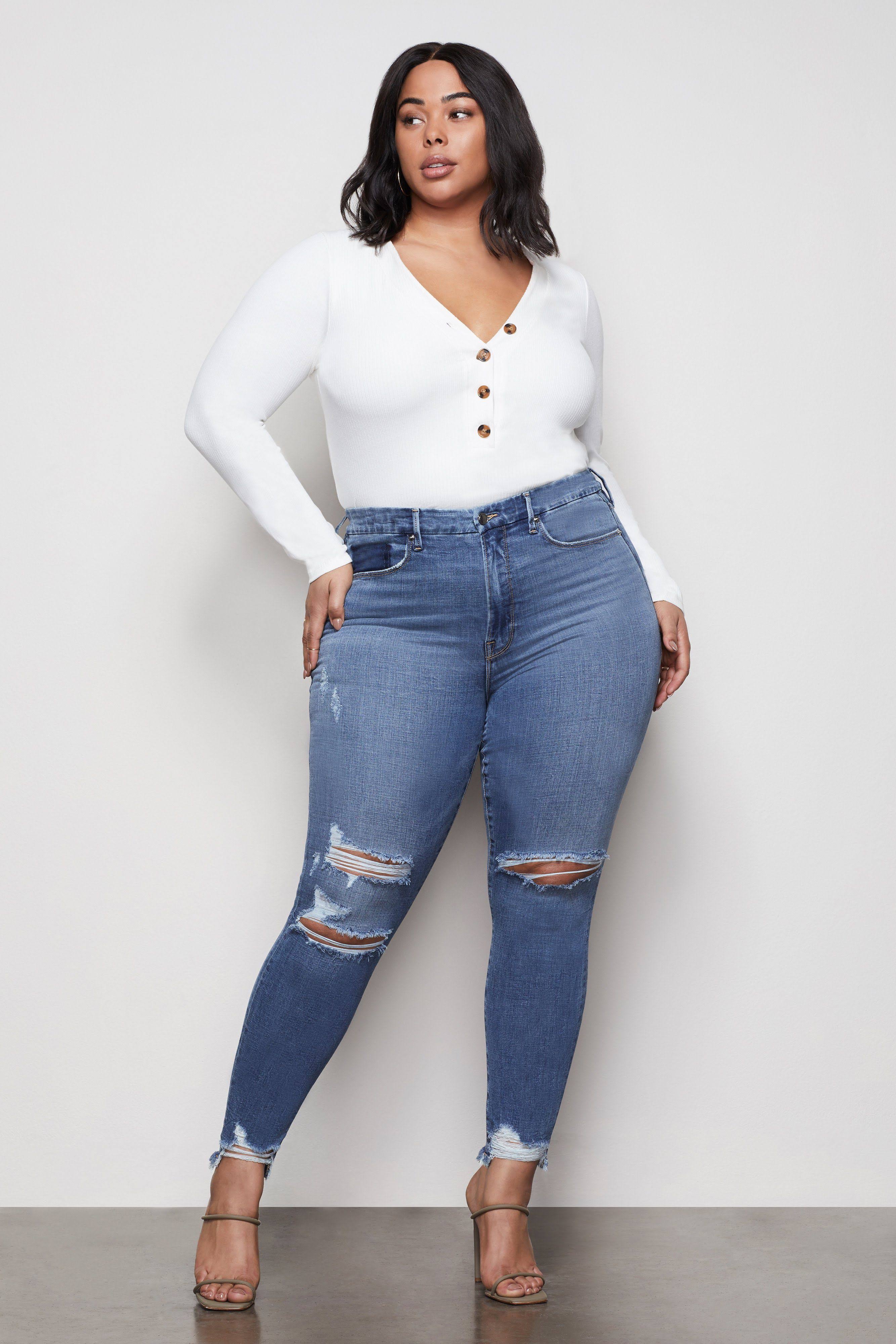 Good American Women&s Good Waist Released Chewed Hem High Waisted Skinny Jeans | Flat Tummy Tech, Gap-Proof Waistband in Blue389