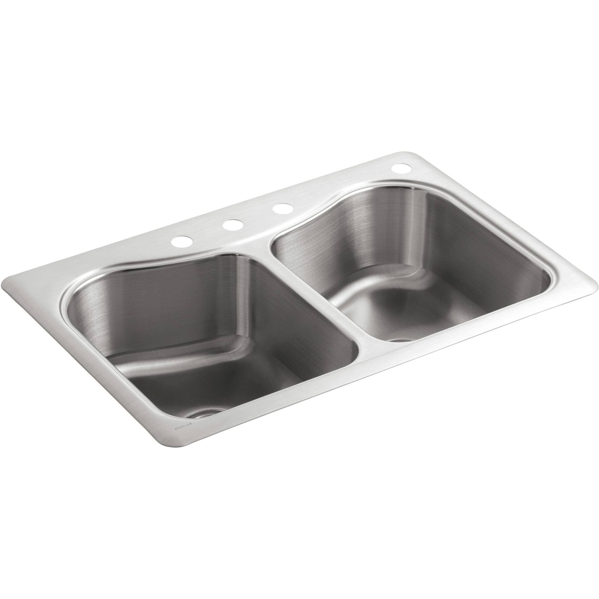 Kohler K-3369-4-NA Staccato 33x22 x 22x22 x 8-5/16x22 Top-Mount double-equal Bowl Kitchen Sink with 4 Faucet Holes