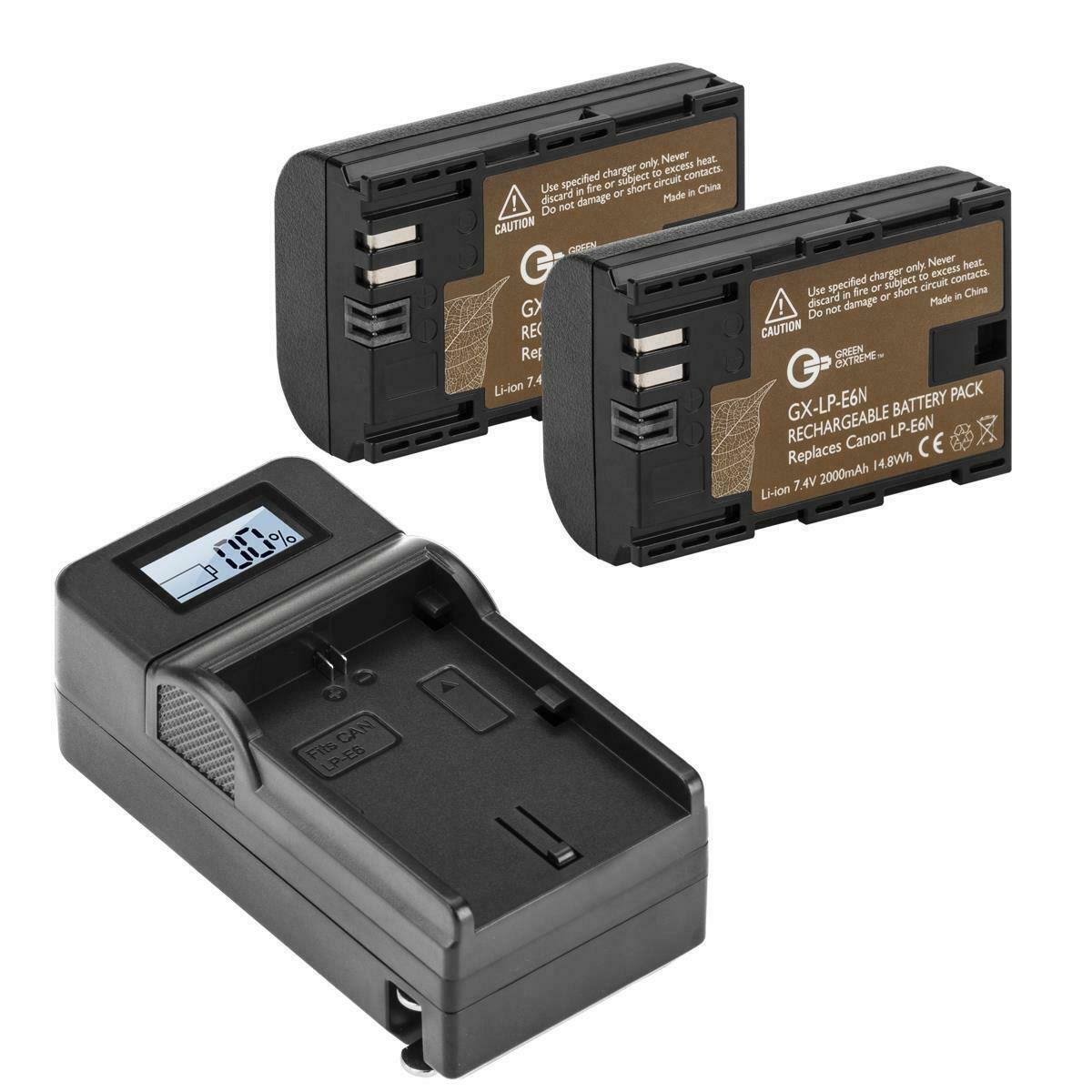 Green Extreme 2 Pack Lp-e6n Battery and Compact Smart Charger Kit (7.4v 2000mAh)