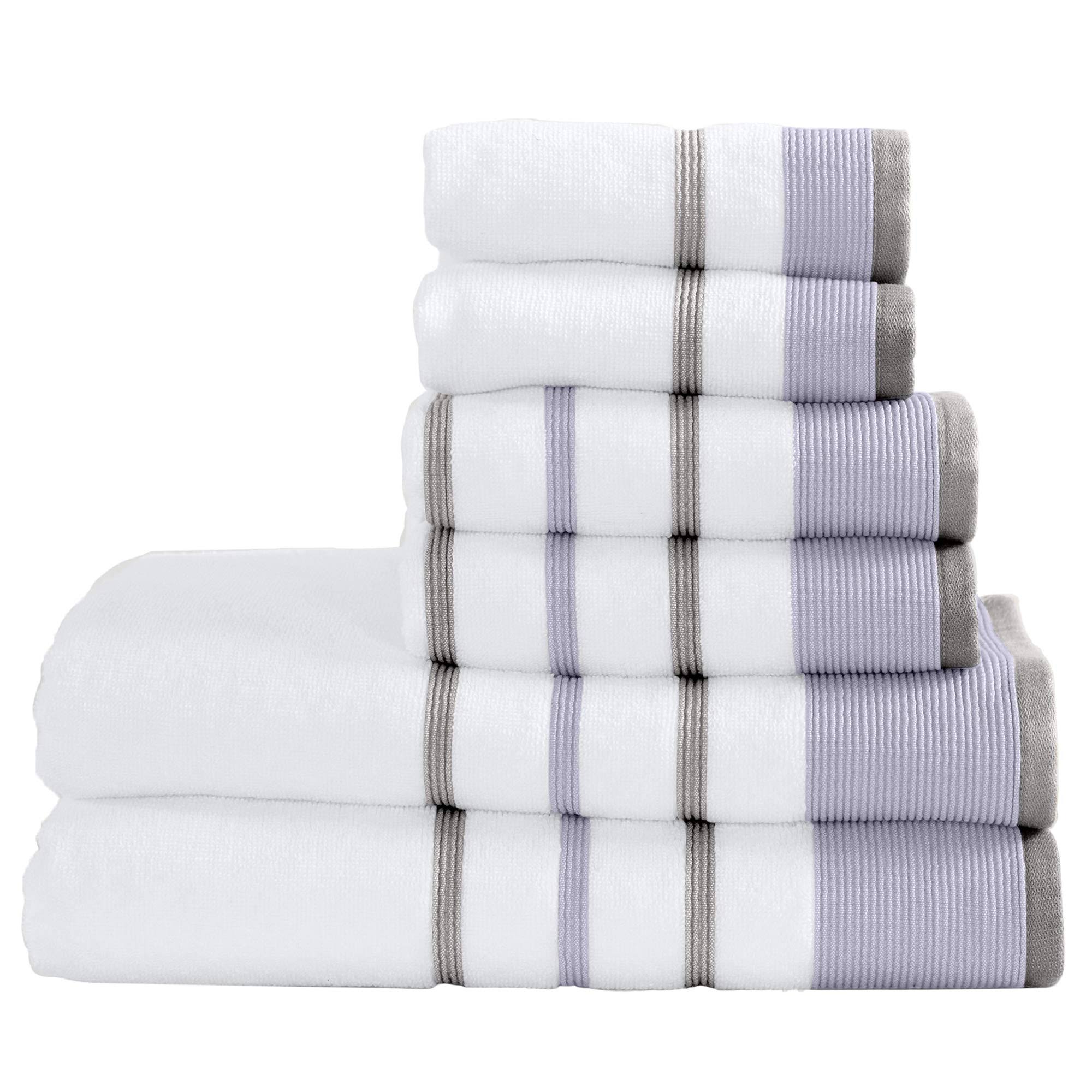 Great Bay Home Turkish Cotton Striped Bath Towel Sets - 6 Piece Set - Lavender / Grey