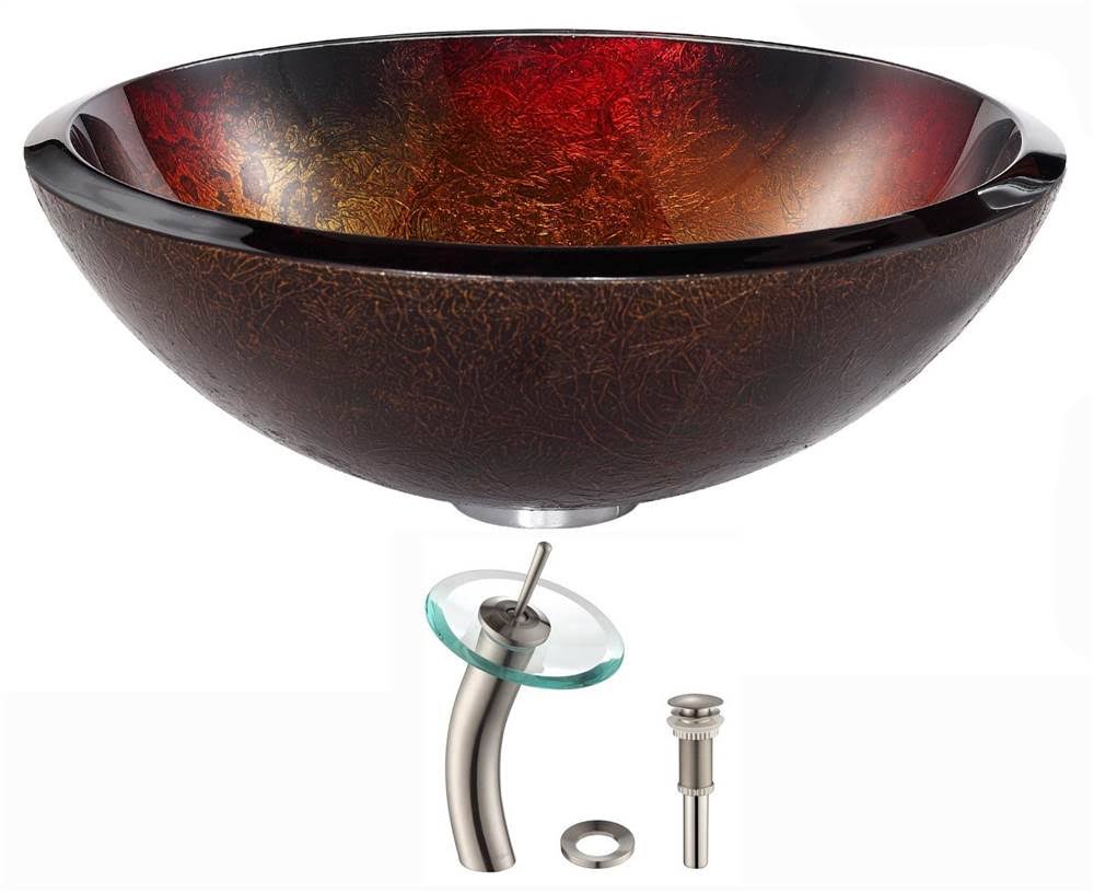 Kraus Mercury Glass Vessel Sink and Waterfall Faucet - Satin Nickel