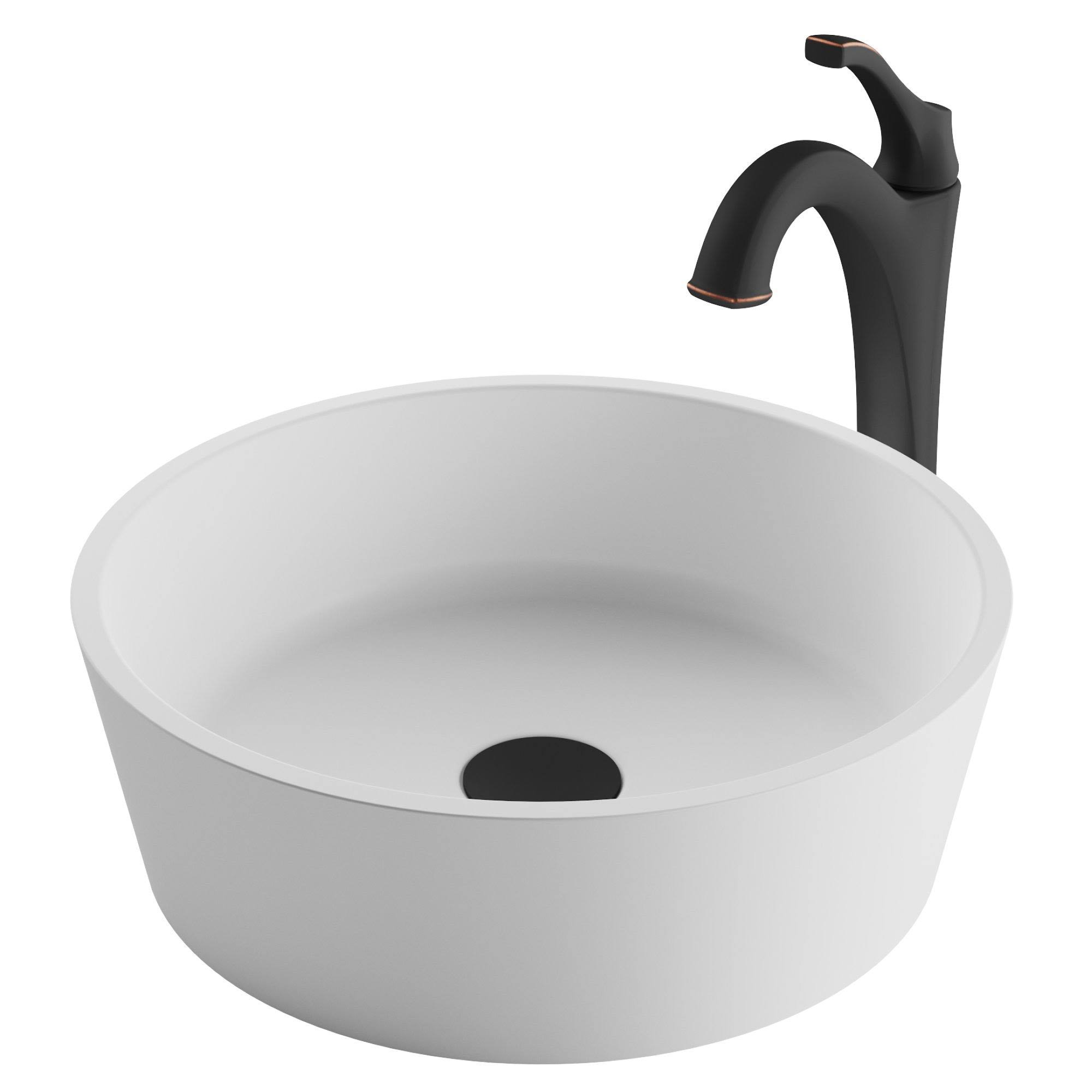 Kraus Natura 15-inch White Matte Solid Surface Round Bathroom Vessel Sink and Arlo Faucet Combo Set with Pop-Up Drain - Oil Rubb