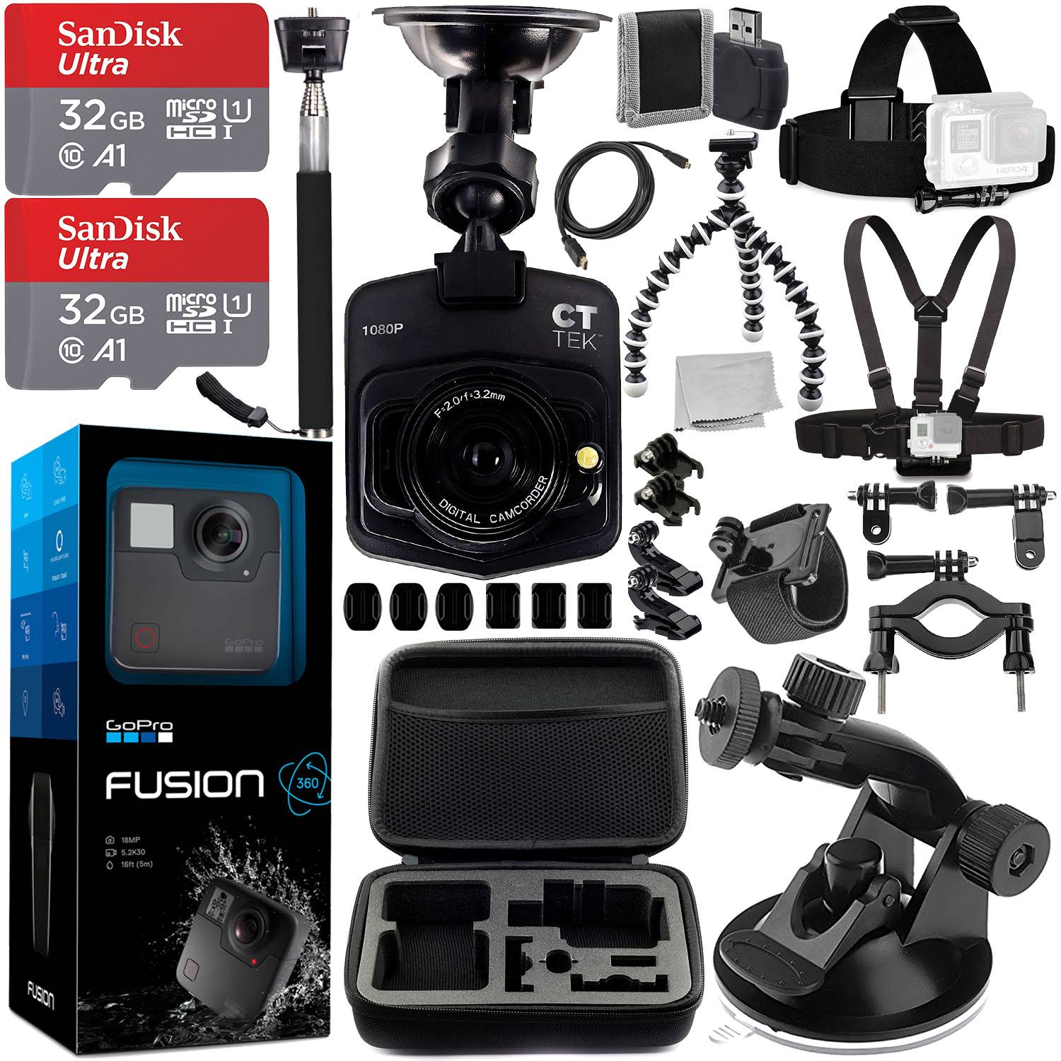 GoPro Fusion with Promotional Dash Cam and Deluxe Accessory Bundle