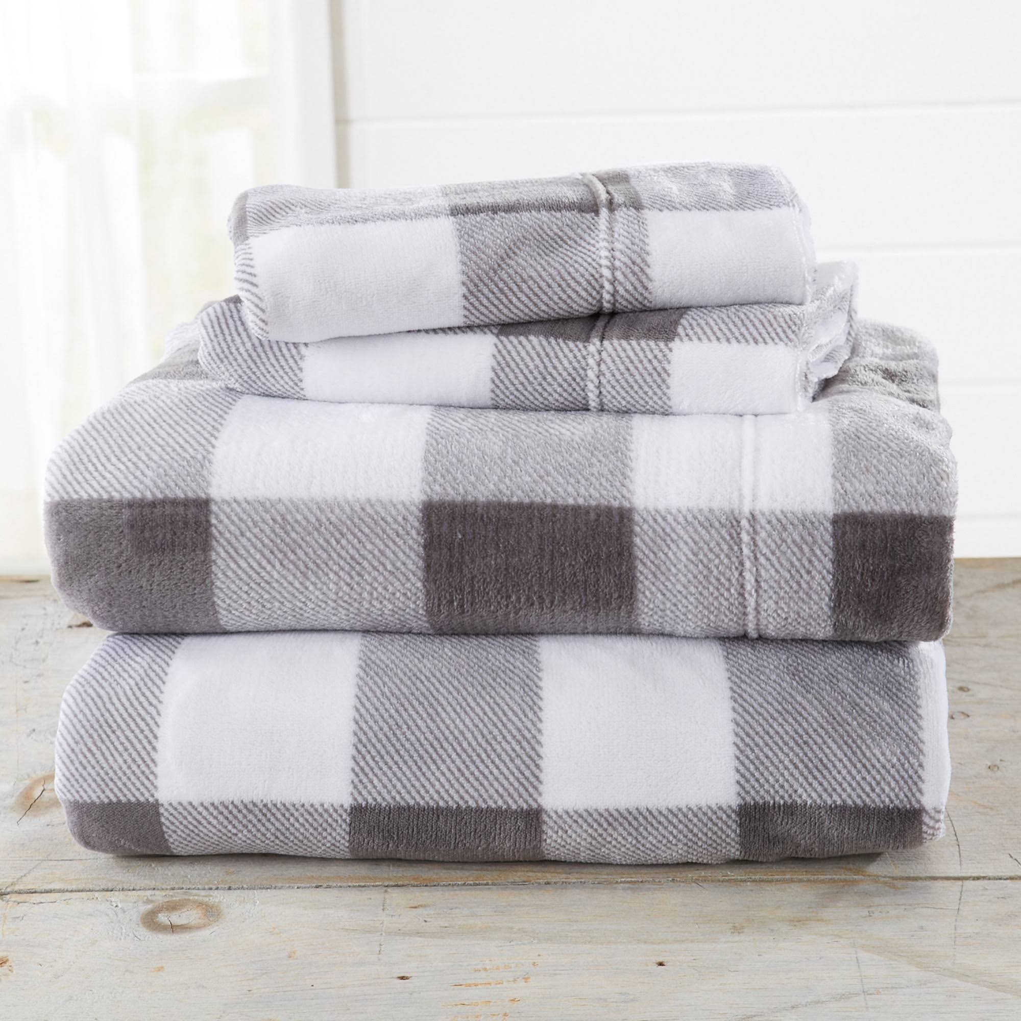 Great Bay Home Extra Soft Velvet Plush Buffalo Check Printed Bed Sheet Set - Full - Grey