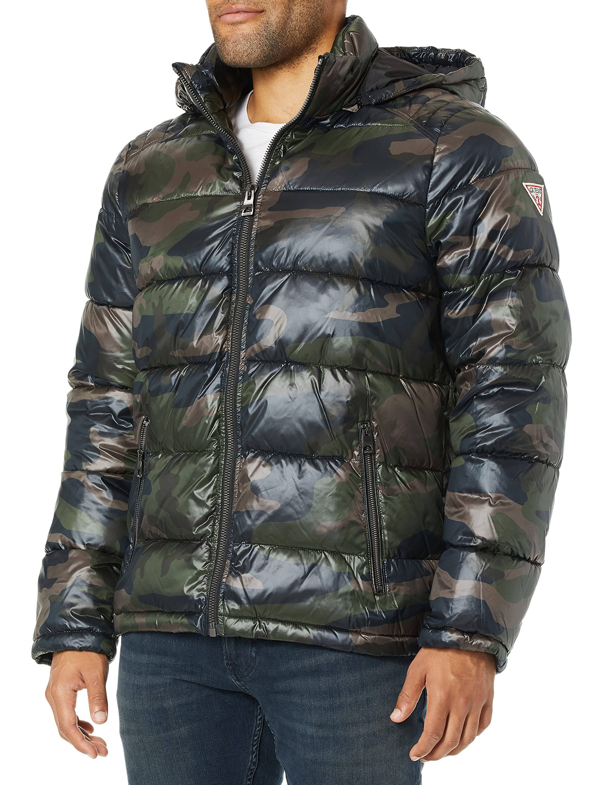 Guess Men&s Hooded Puffer Coat - Camo Olive