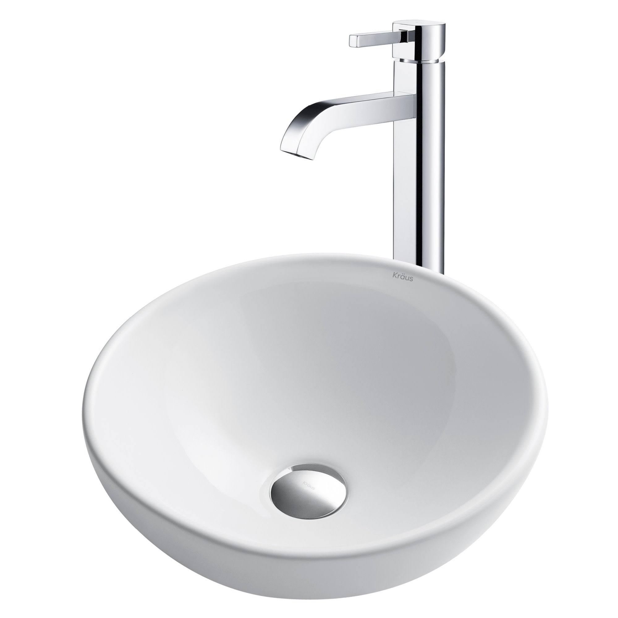 Kraus C-KCV-141-1007CH Soft Round Ceramic Vessel Sink with Ramus Faucet White - Chrome