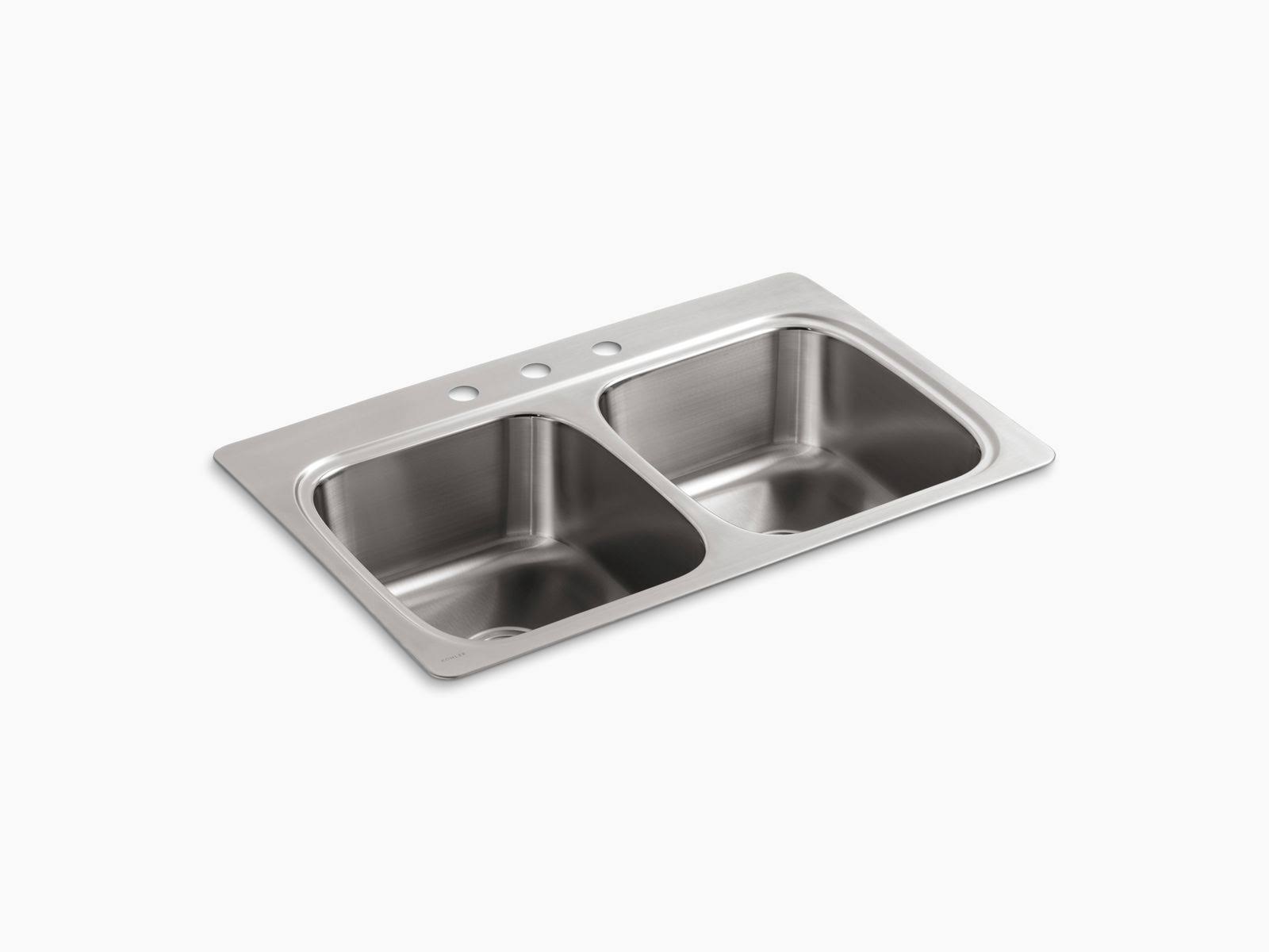 Kohler 5267-3-NA Verse 33x22 x 22x22 x 9-1/4x22 Top-Mount double-equal Bowl Kitchen Sink with 3 Faucet Holes