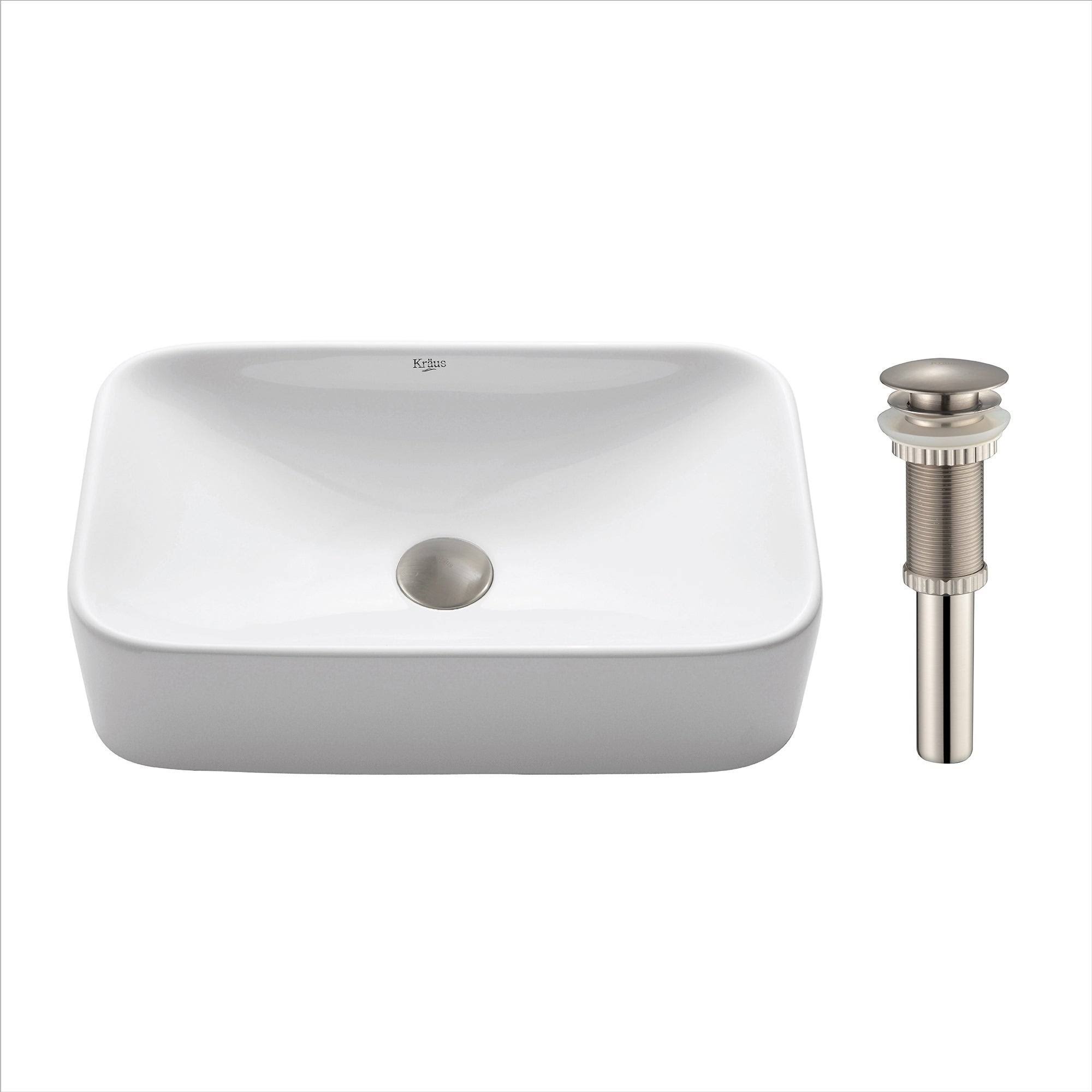 Kraus KCV-122-SN White Rectangular Ceramic Bathroom Sink with Pop Up Drain Satin Nickel