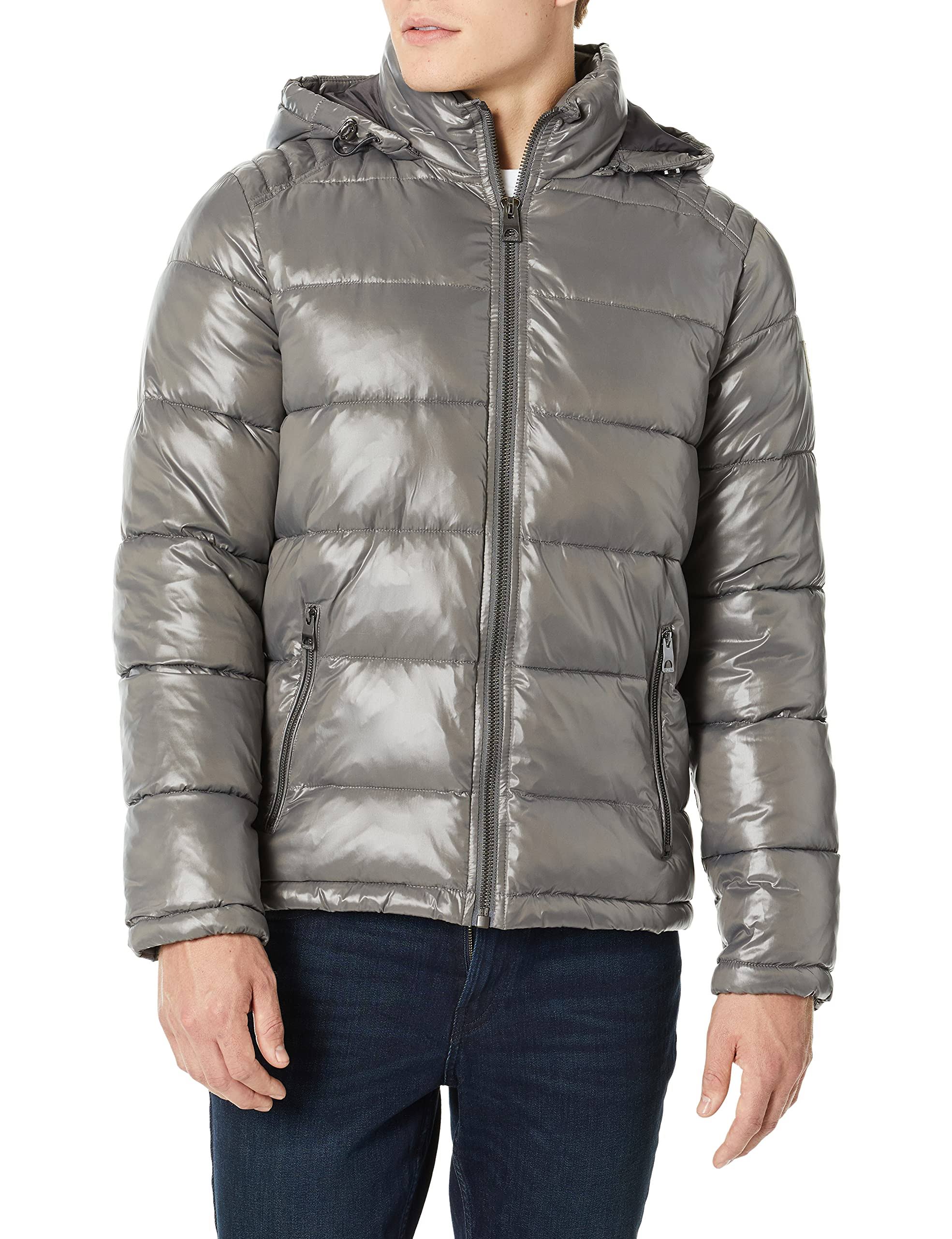 Guess Men&s Hooded Puffer Coat - Smoke