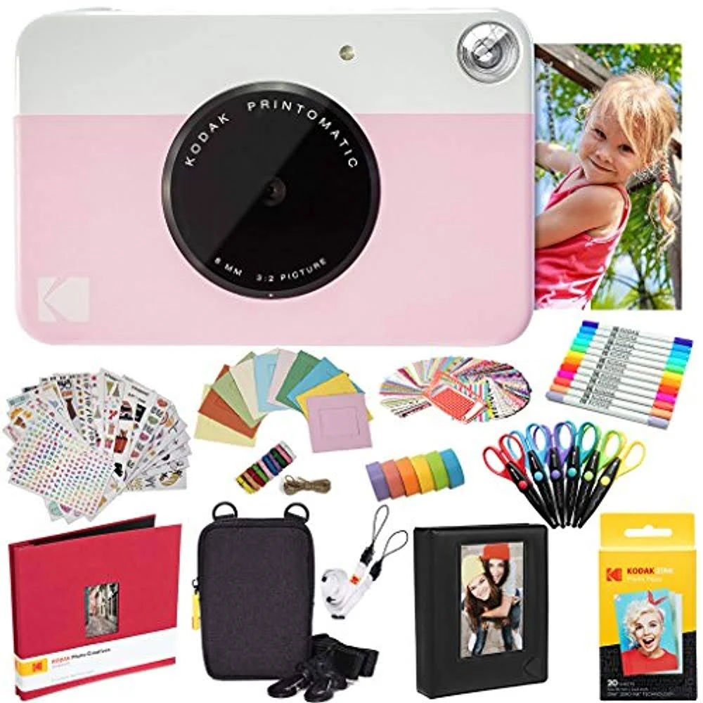 Kodak Printomatic Instant Camera (Pink) All-In-Bundle + Zink Paper (20 Sheets) + Deluxe Case + Photo Album + 7 Unique Sticker Se