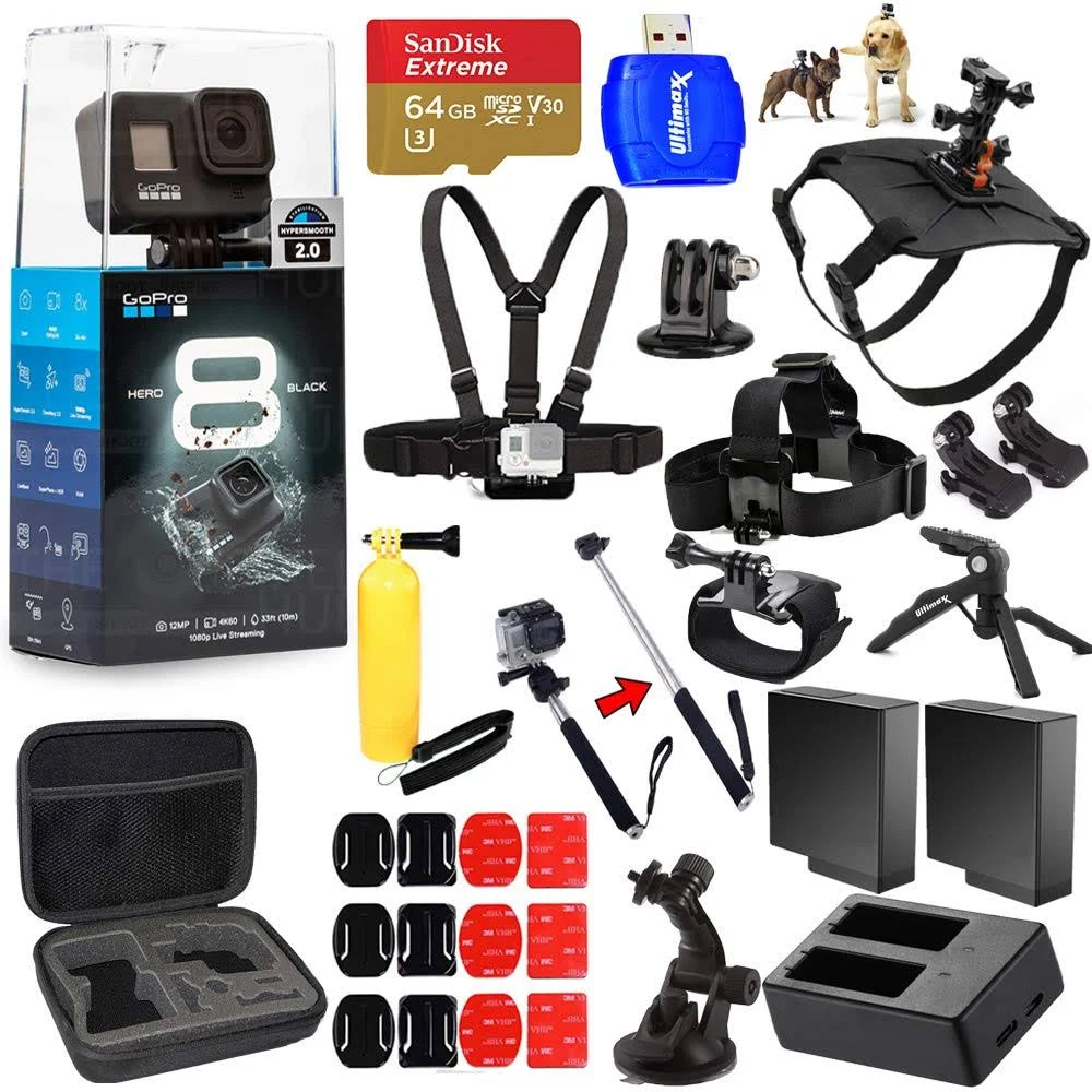 GoPro Hero8 Hero 8 Black All in 1 Mega Accessory Bundle for All Occasions with 2 Extra Battery and Charger, SanDisk 64gb, Head a