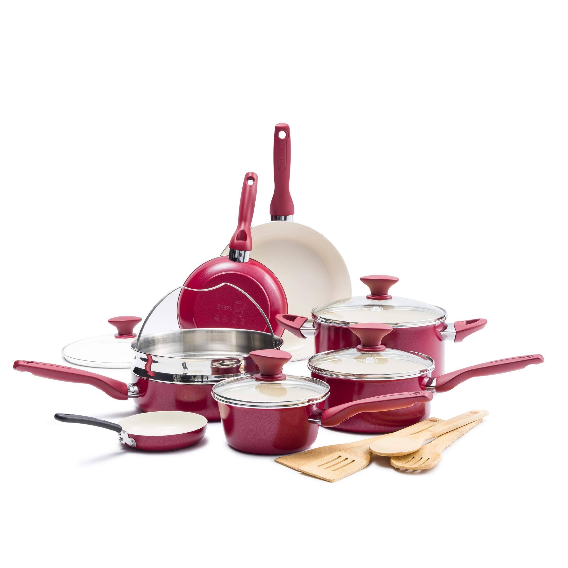 GreenPan - Rio Ceramic Non-Stick 16-Piece Cookware Set - Red