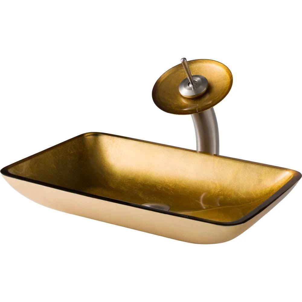 Kraus Golden Pearl Rectangular Glass Vessel Sink and Waterfall Faucet - Satin Nickel