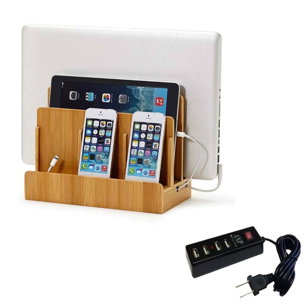 Eco-Friendly Bamboo Multi-Device Charging Station with 4-Port USB Power Strip