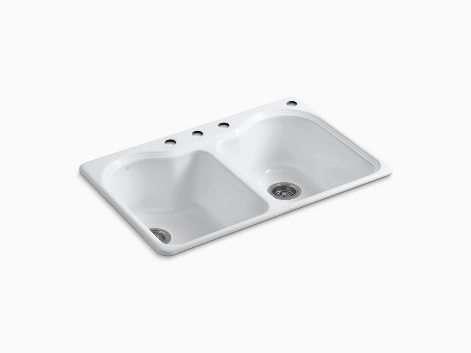 Hartland 33x22 x 22x22 x 9-5/8x22 Top-Mount Double-Bowl Kitchen Sink with 4 Faucet Holes