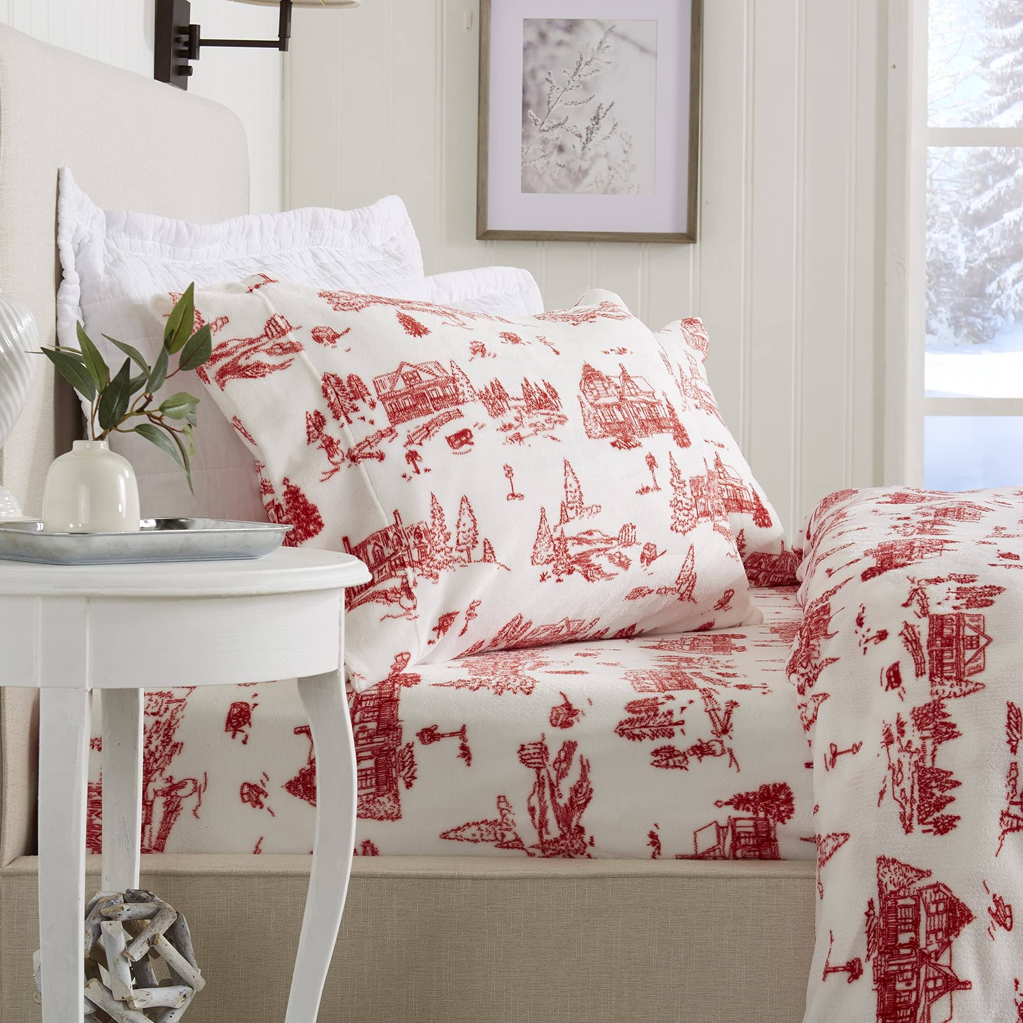 4-Piece Printed Plush Sheet - Velvet Luxe-Lattice Collection, Queen, Snowtown Toile - Red by Great Bay Home
