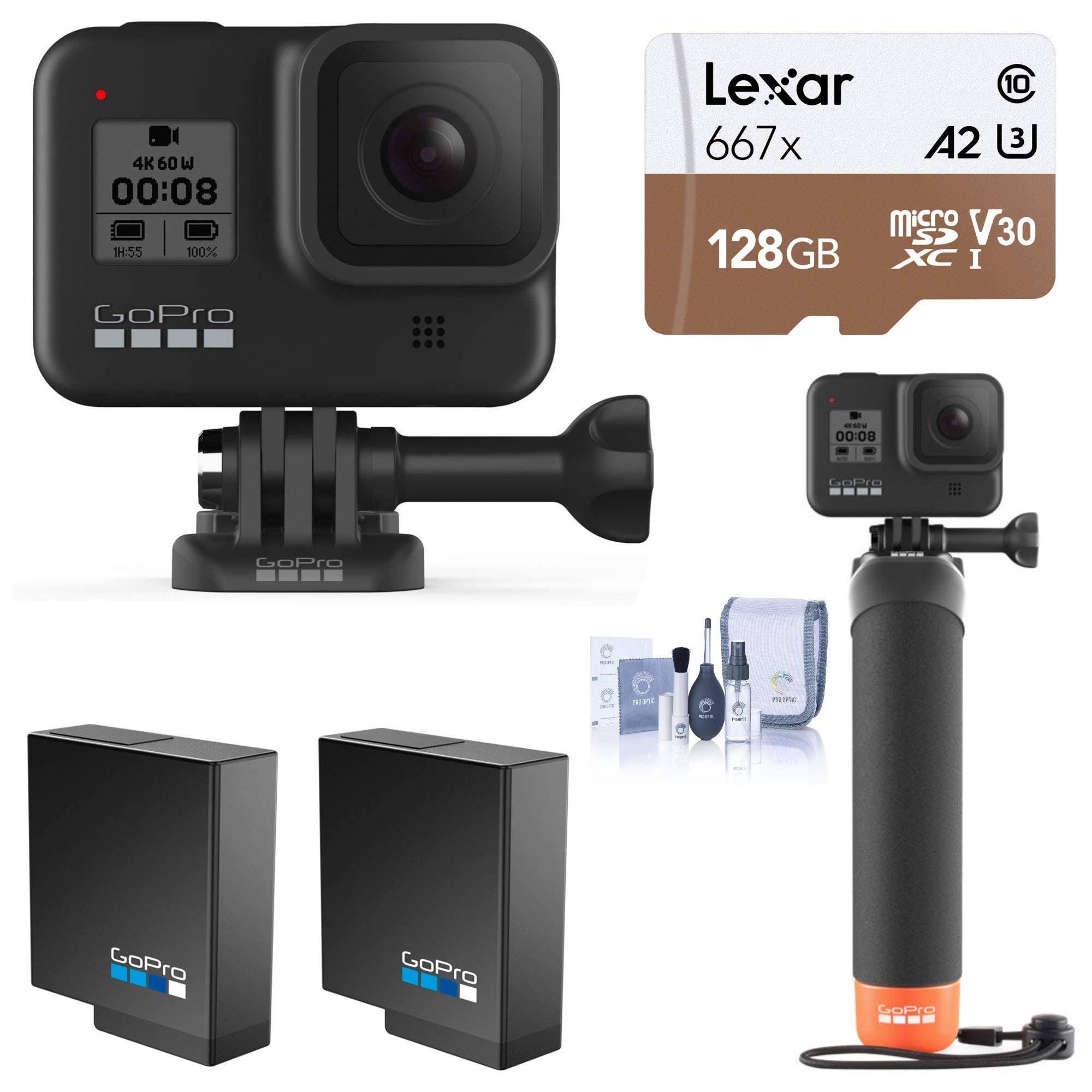 GoPro HERO8 Black w/ Floating Grip Kit W/1282GB MicrooSDHC Card, 2 Pack Battery CHDHX-801 Im