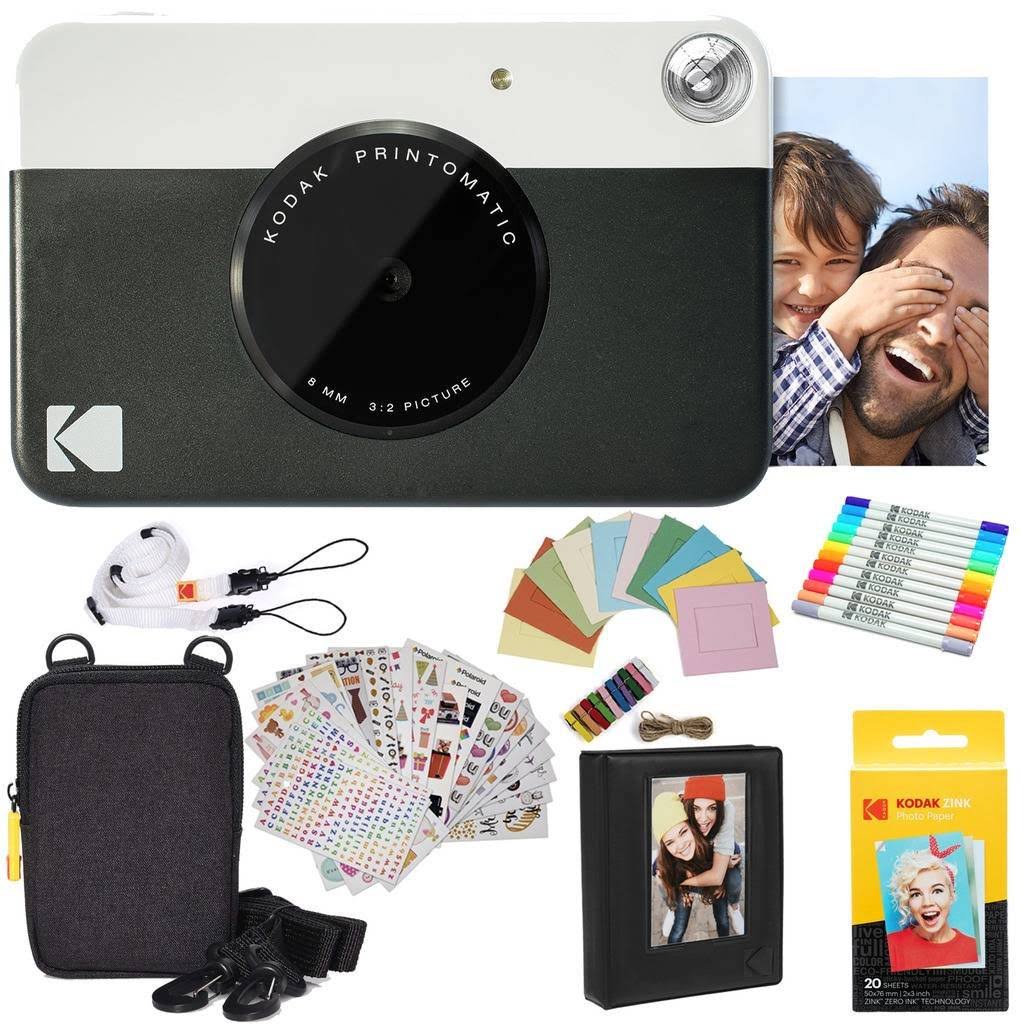Kodak Printomatic Instant Camera (Black) Gift Bundle + Zink Paper (20 Sheets) + Deluxe Case + 7 Fun Sticker Sets + Twin Tip Mark