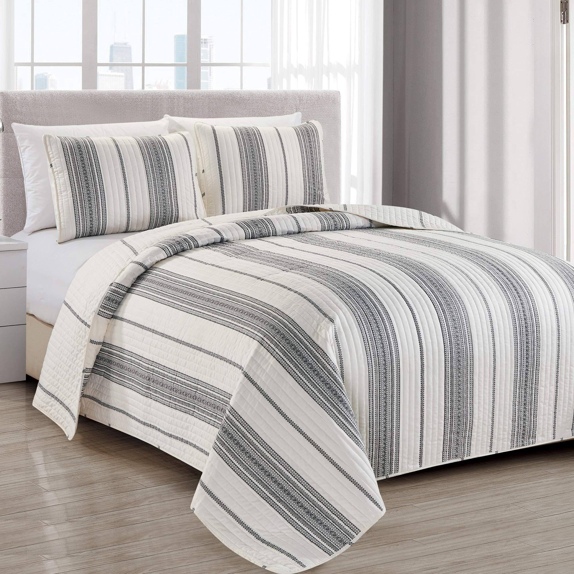 Great Bay Home Wesley Collection Striped 3-Piece Quilt Set, Full/Queen - White Grey