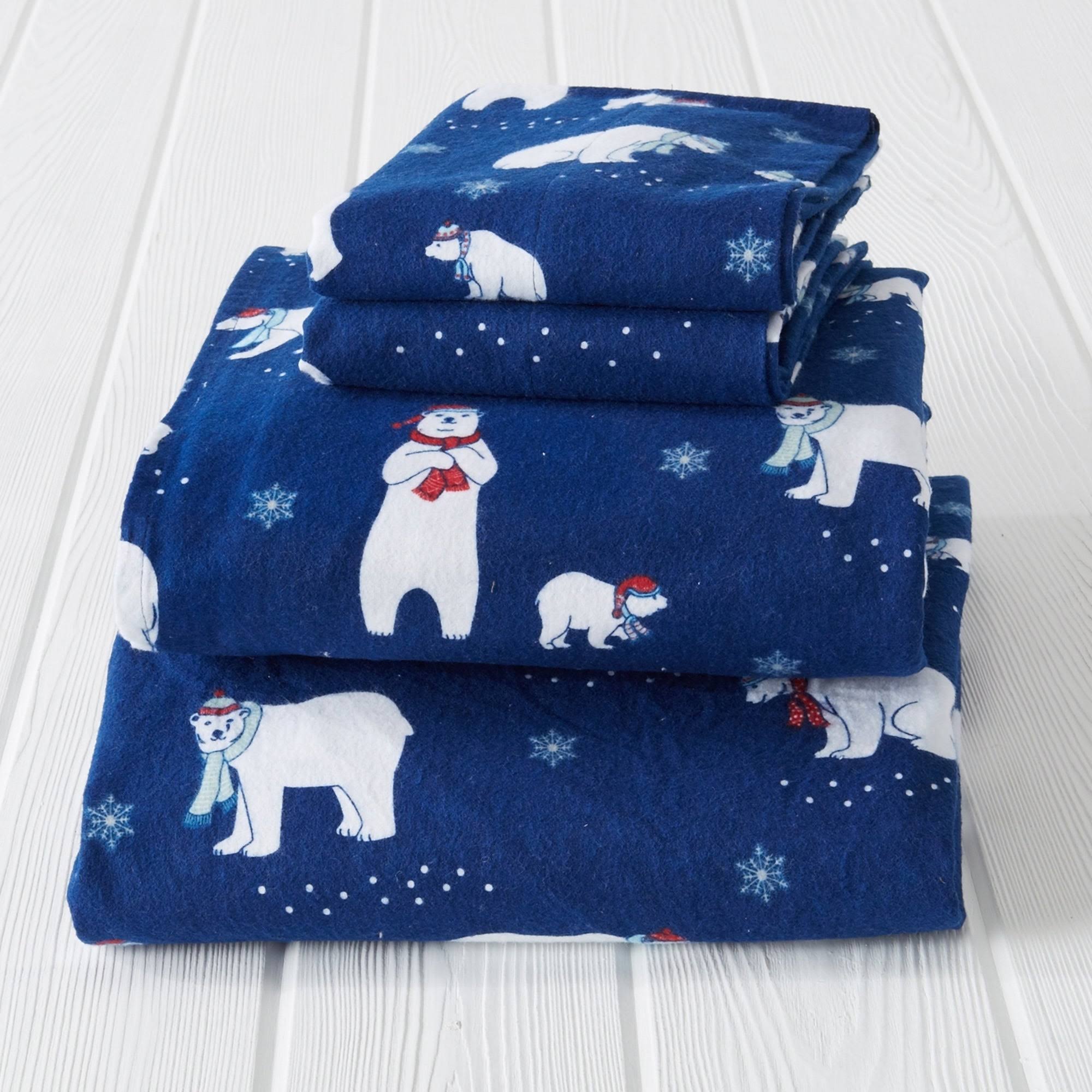 Great Bay Home Extra Soft 100% Cotton Printed Flannel Sheet Set Full Navy Polar Bears Blue