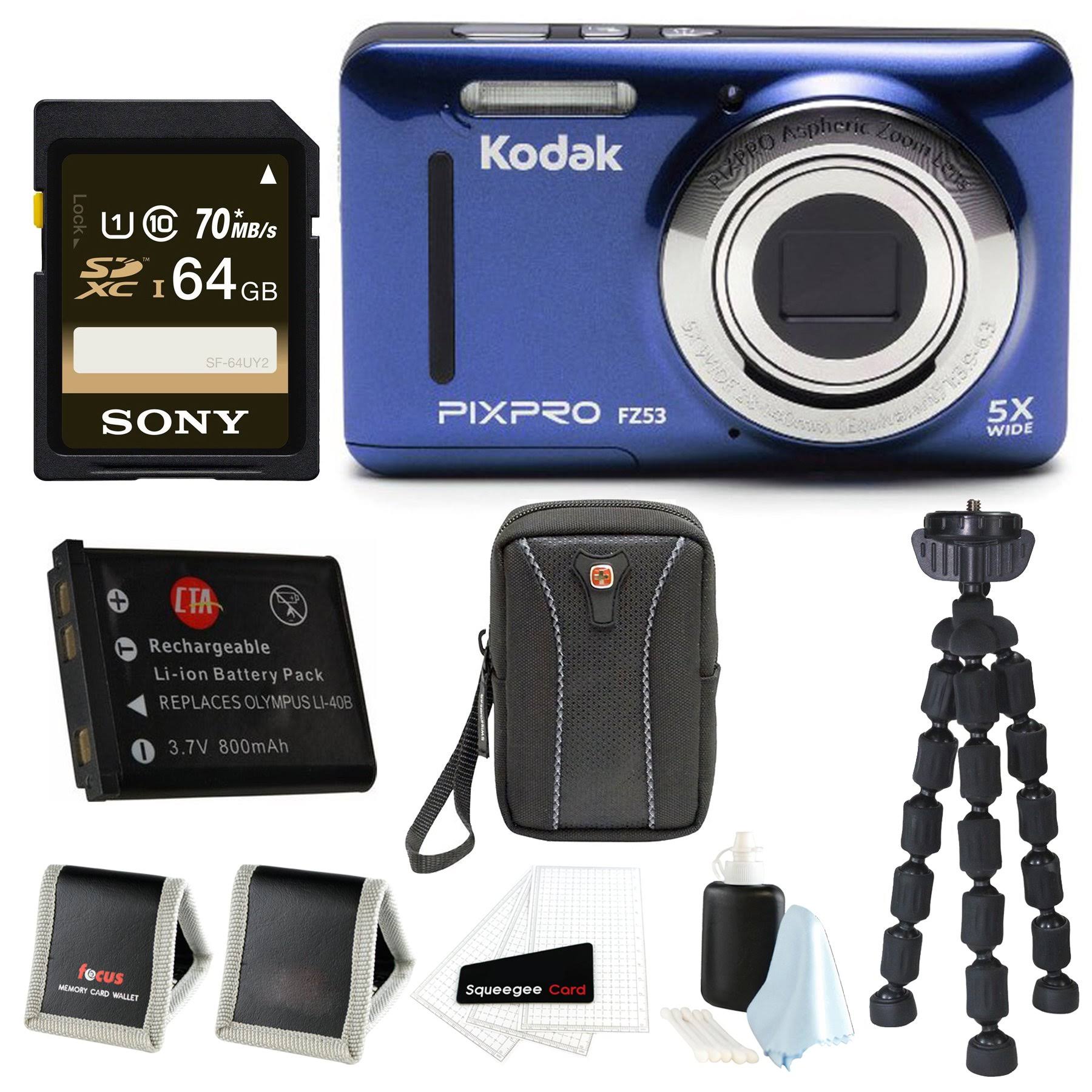 Kodak PIXPRO Friendly Zoom FZ53 (Blue) w/ Sony 64GB SD Card u0026 Accessory Bundle