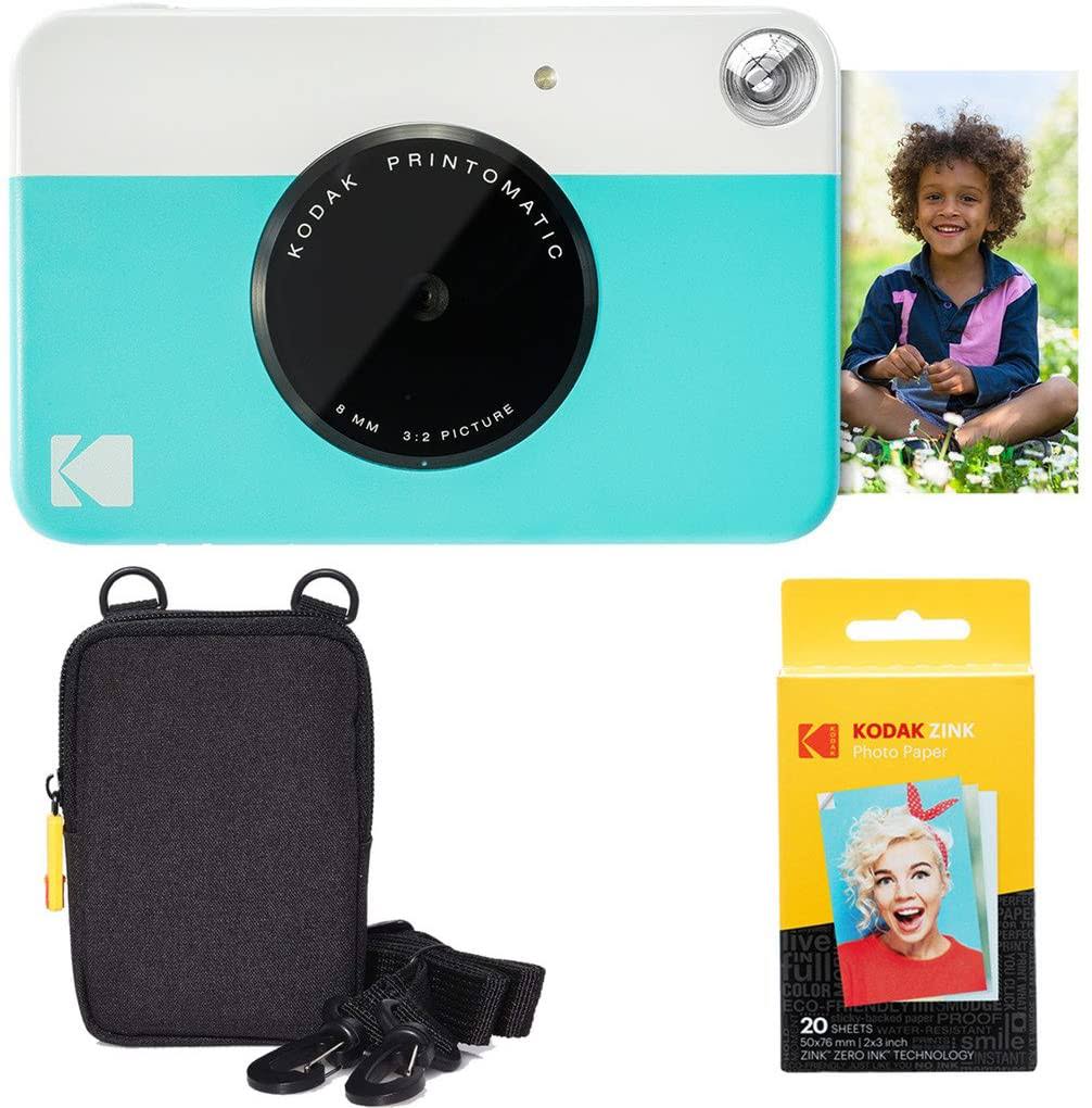 Kodak Printomatic Instant Camera Blue Basic Bundle + Zink Paper 20 Sheets + Deluxe Case + Comfortable Neck Strap
