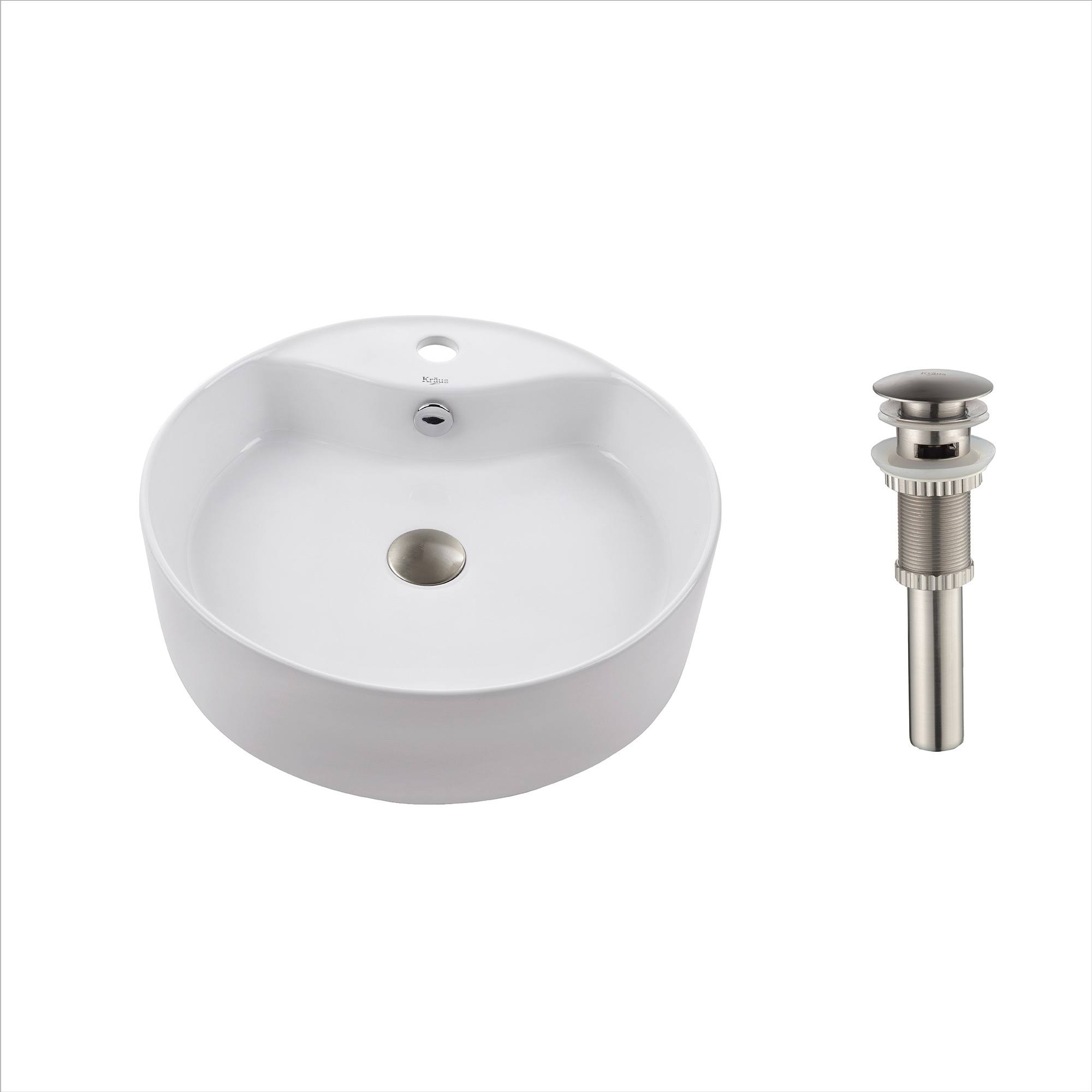 Kraus KCV-142-SN Round Ceramic Vessel Bathroom Sink with Overflow White u0026 Pop-Up Drain Satin Nickel