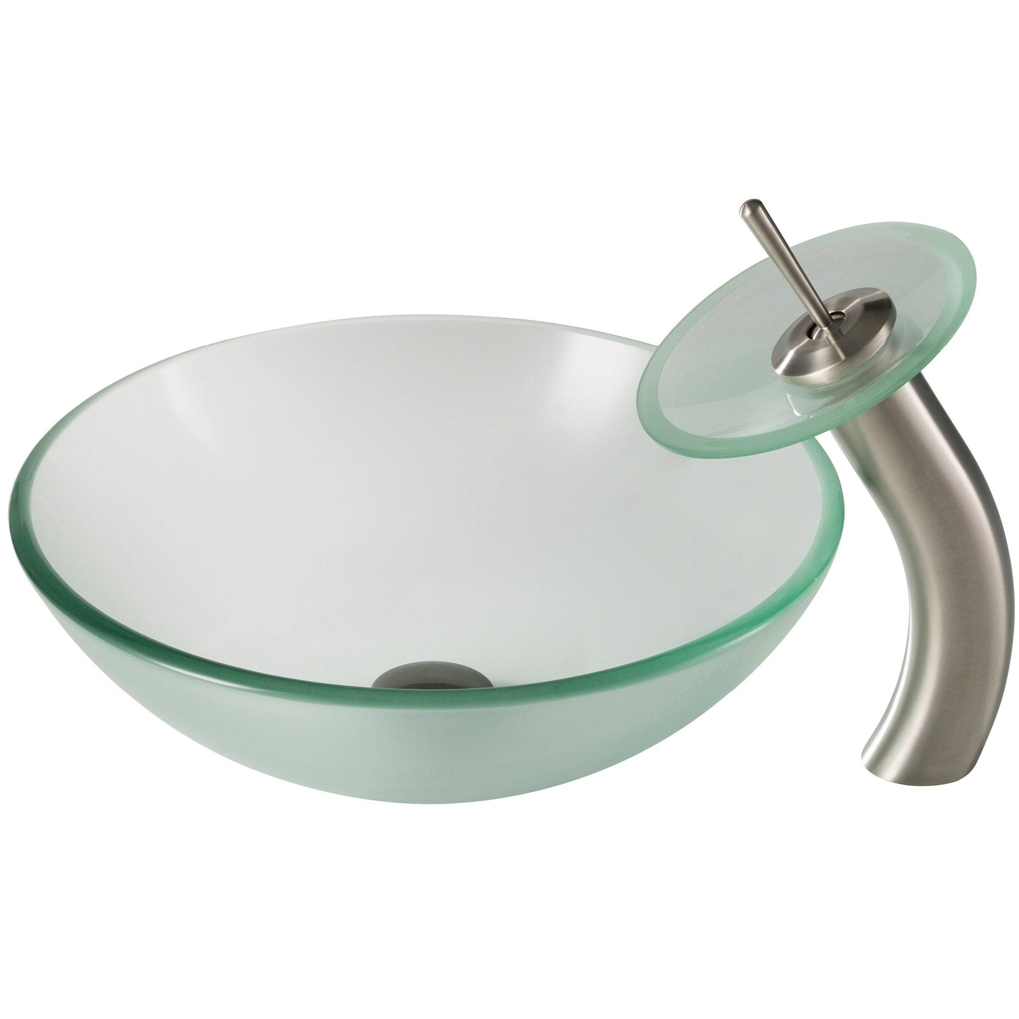 Kraus Frosted Glass Vessel Sink and Waterfall Faucet - Satin Nickel
