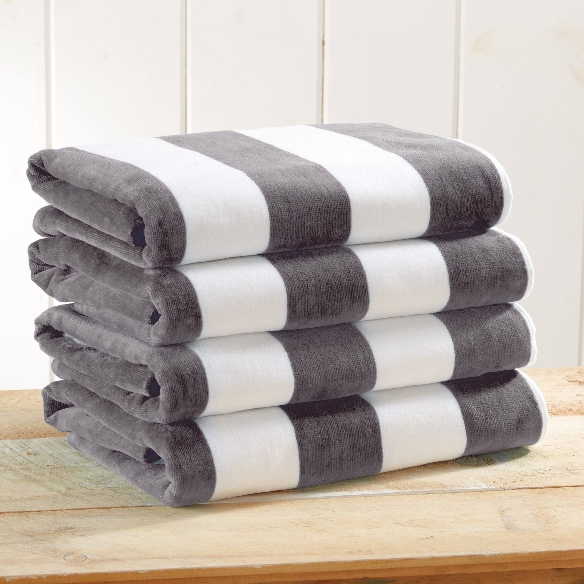 Great Bay Home 100% Cotton Cabana Stripe Velour Beach Towel - 4-Pack - Charcoal Grey