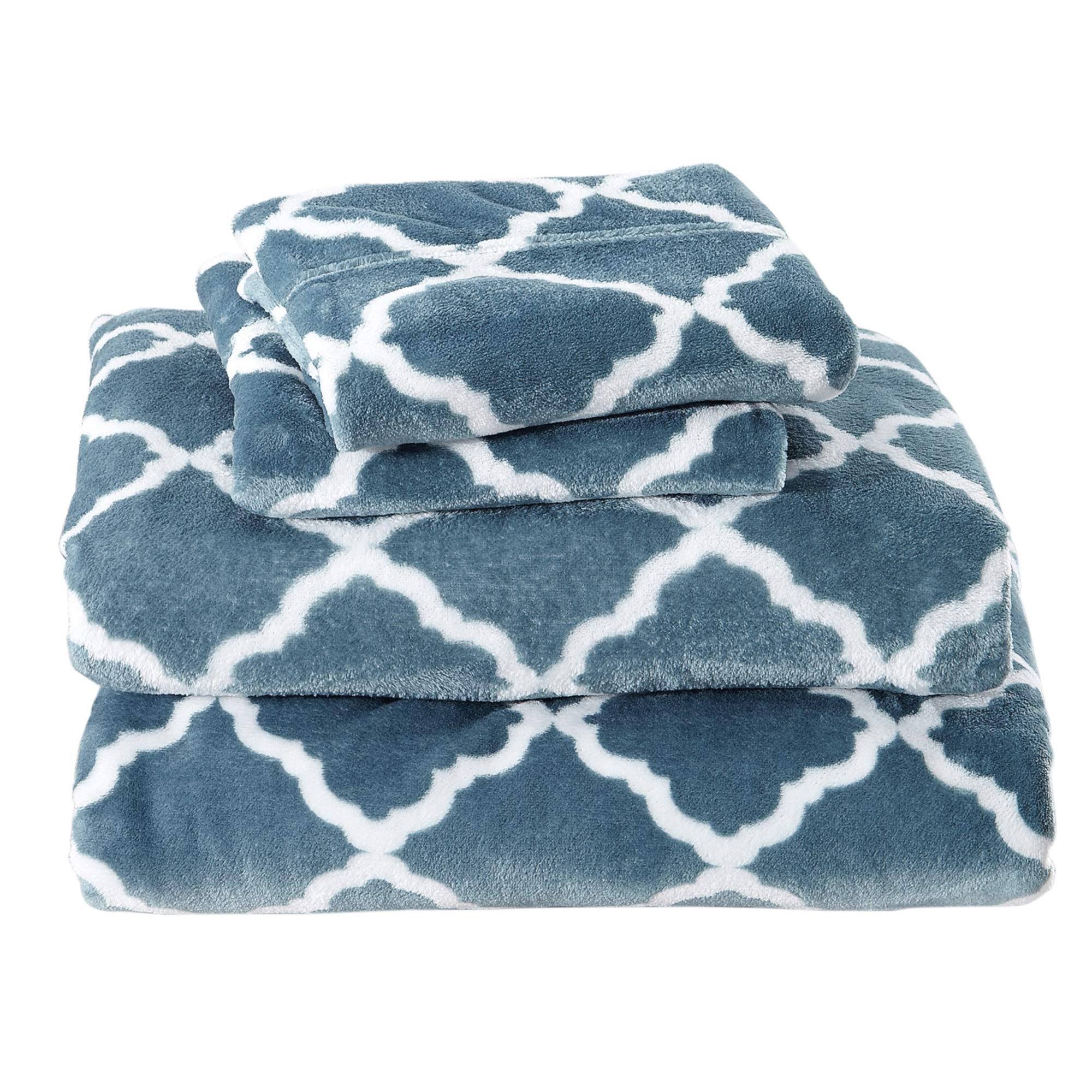 Great Bay Home Extra Soft Cozy Velvet Plush Printed Bed Sheet Set (Full - Smoke Blue / White)