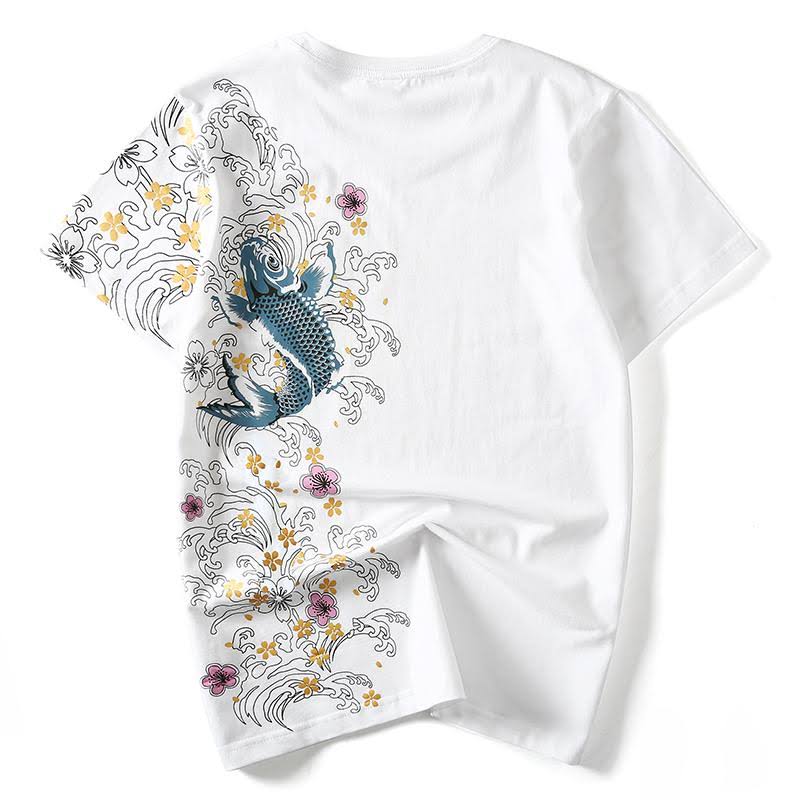 Floral Koi Carp Sukajan T-Shirt 2XL / White